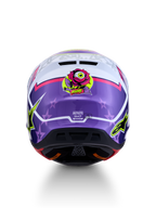 Alpinestars S-M7 Blaster Helmet ECE06, purple and pink glossy motocross helmet with rear rose graphic and star motifs.