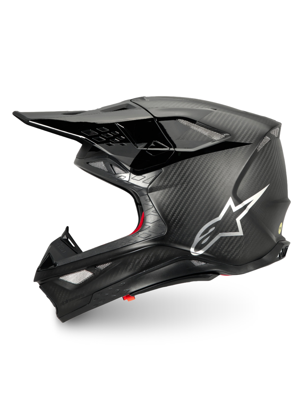 Alpinestars Supertech M10 Fame Motocross Helmet, Black Carbon Matte and Glossy finish with Silver Logo, ECE 22.06 Certified.
