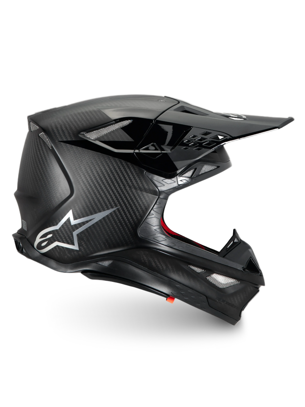 Alpinestars Supertech M10 Fame Helmet, black matte carbon fiber motocross racing helmet with ECE 22.06 certification.