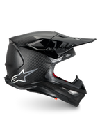 Alpinestars Supertech M10 Fame Helmet, black matte carbon fiber motocross racing helmet with ECE 22.06 certification.
