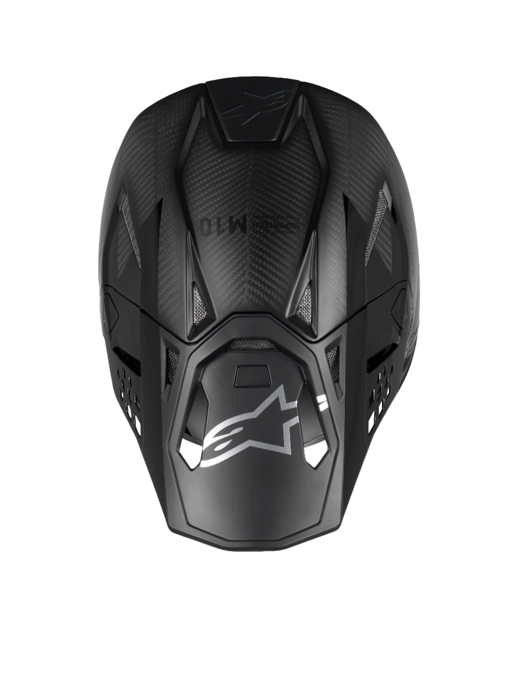 Alpinestars Supertech M10 Fame Motocross Helmet, top view in Black Carbon Matte and Glossy 3K carbon fiber construction.