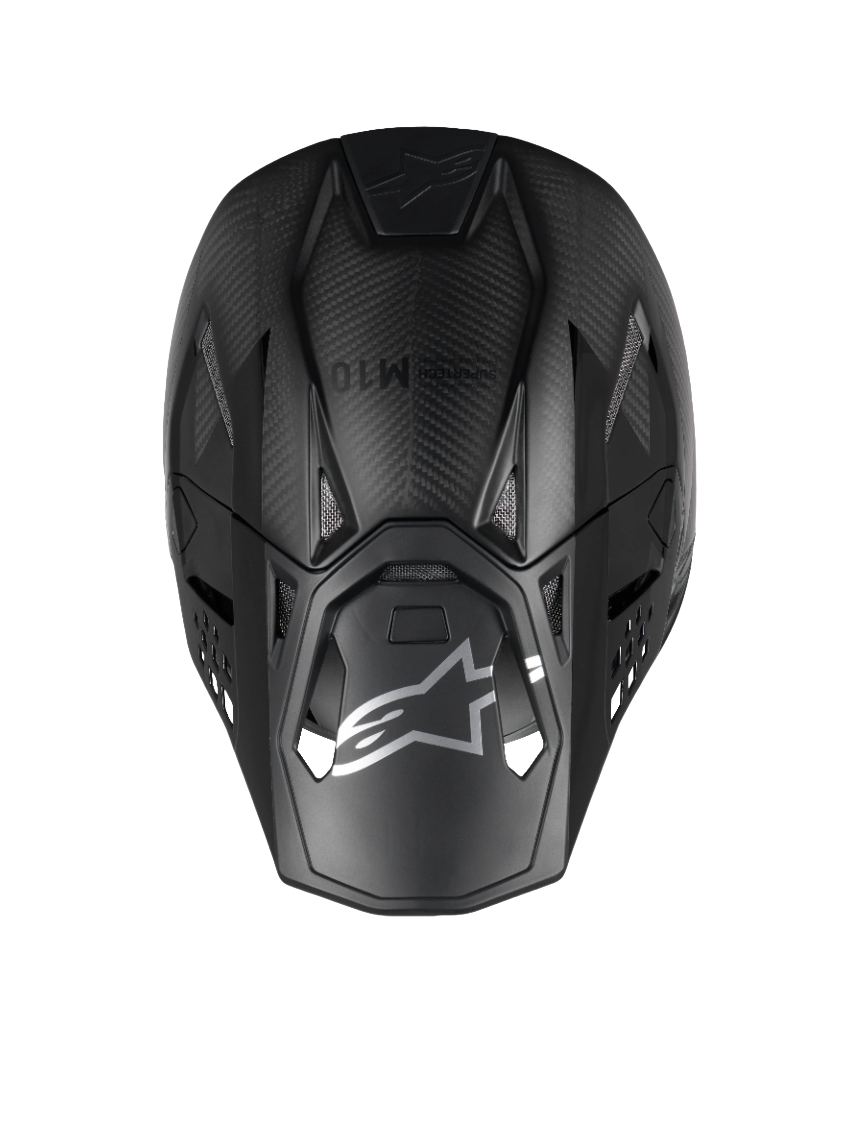 Alpinestars Supertech M10 Fame Motocross Helmet, top view in Black Carbon Matte and Glossy 3K carbon fiber construction.