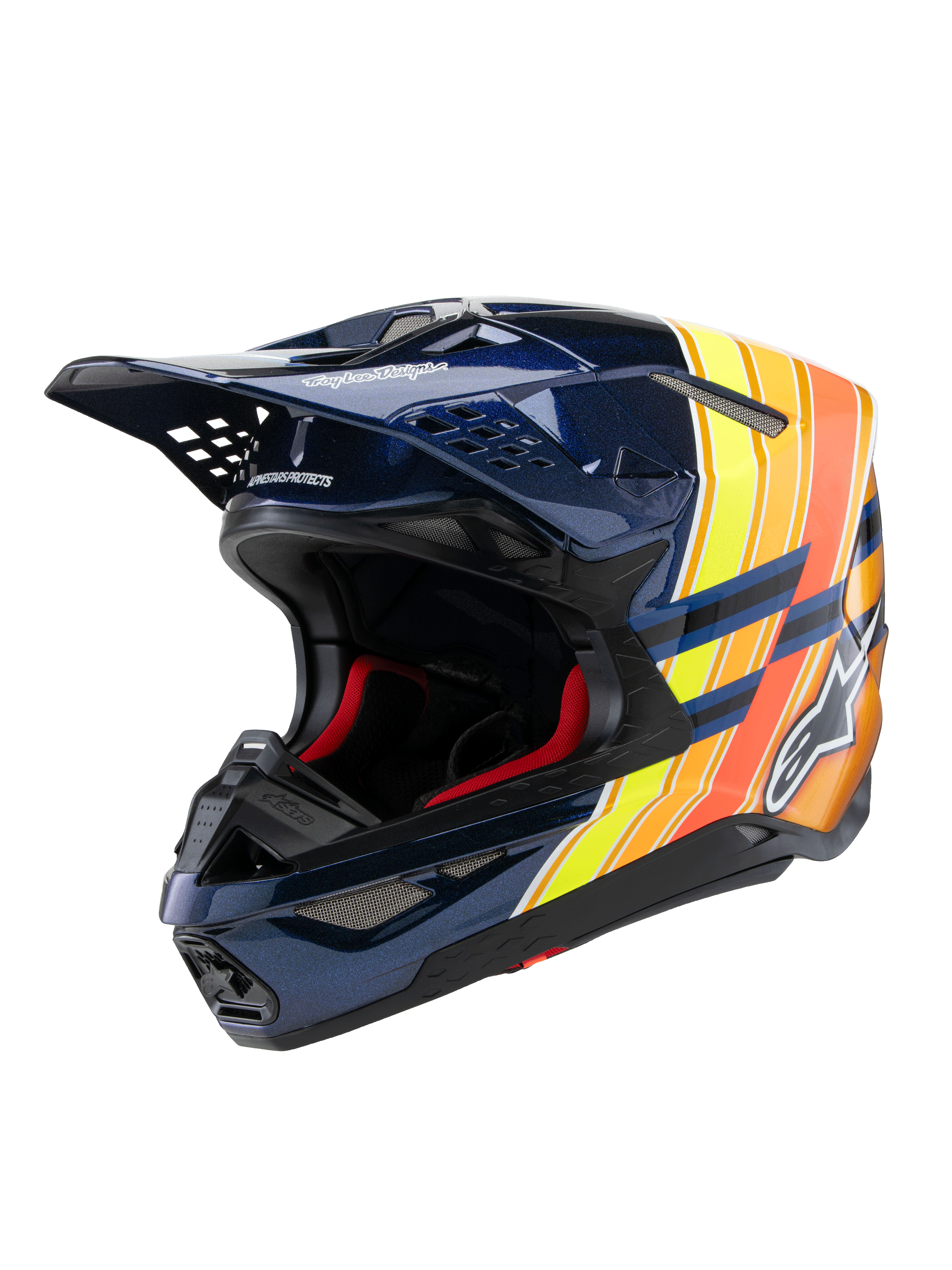 Alpinestars Supertech M10 TLD Edition 25 Helmet, Motocross Helmet, Glossy Dark Blue with Orange and Yellow Fluo graphics, featuring red interior padding, aerodynamic shell with multiple ventilation ports, Troy Lee Designs branding on the peak, professional off-road racing gear