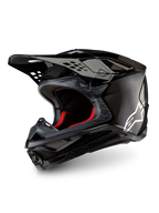 Alpinestars Supertech M10 Fame Helmet ECE 22.06, Black Carbon Matte and Glossy Motocross Racing Helmet with 3K carbon fiber shell and white logo.