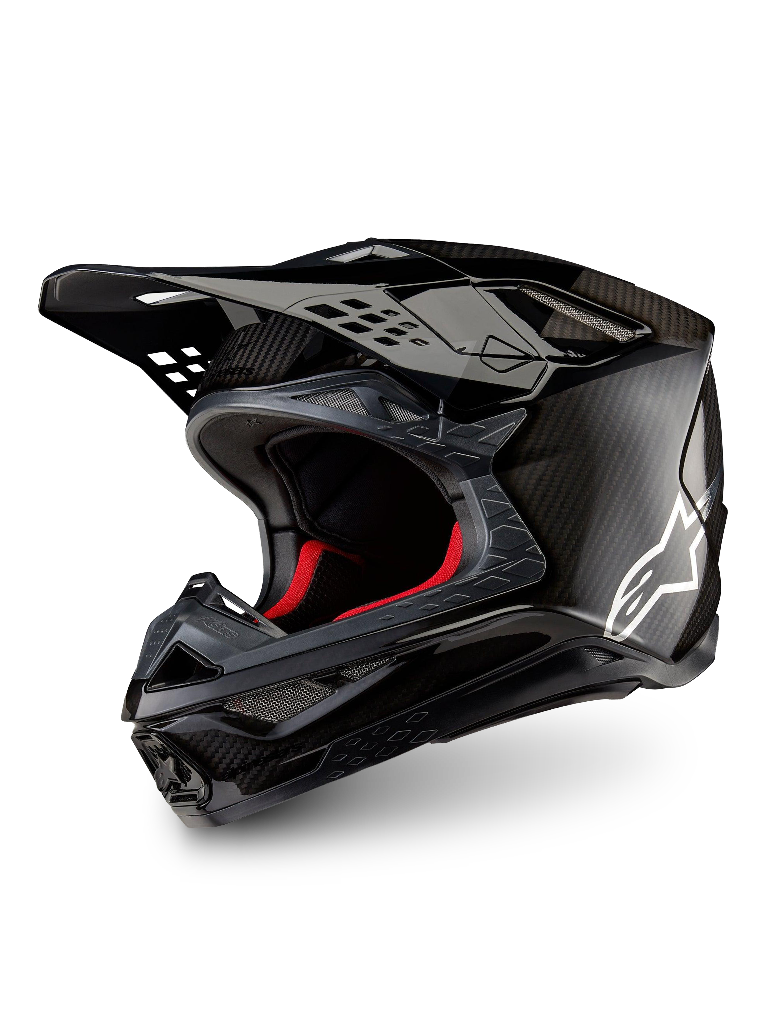 Alpinestars Supertech M10 Fame Helmet ECE 22.06, Black Carbon Matte and Glossy Motocross Racing Helmet with 3K carbon fiber shell and white logo.