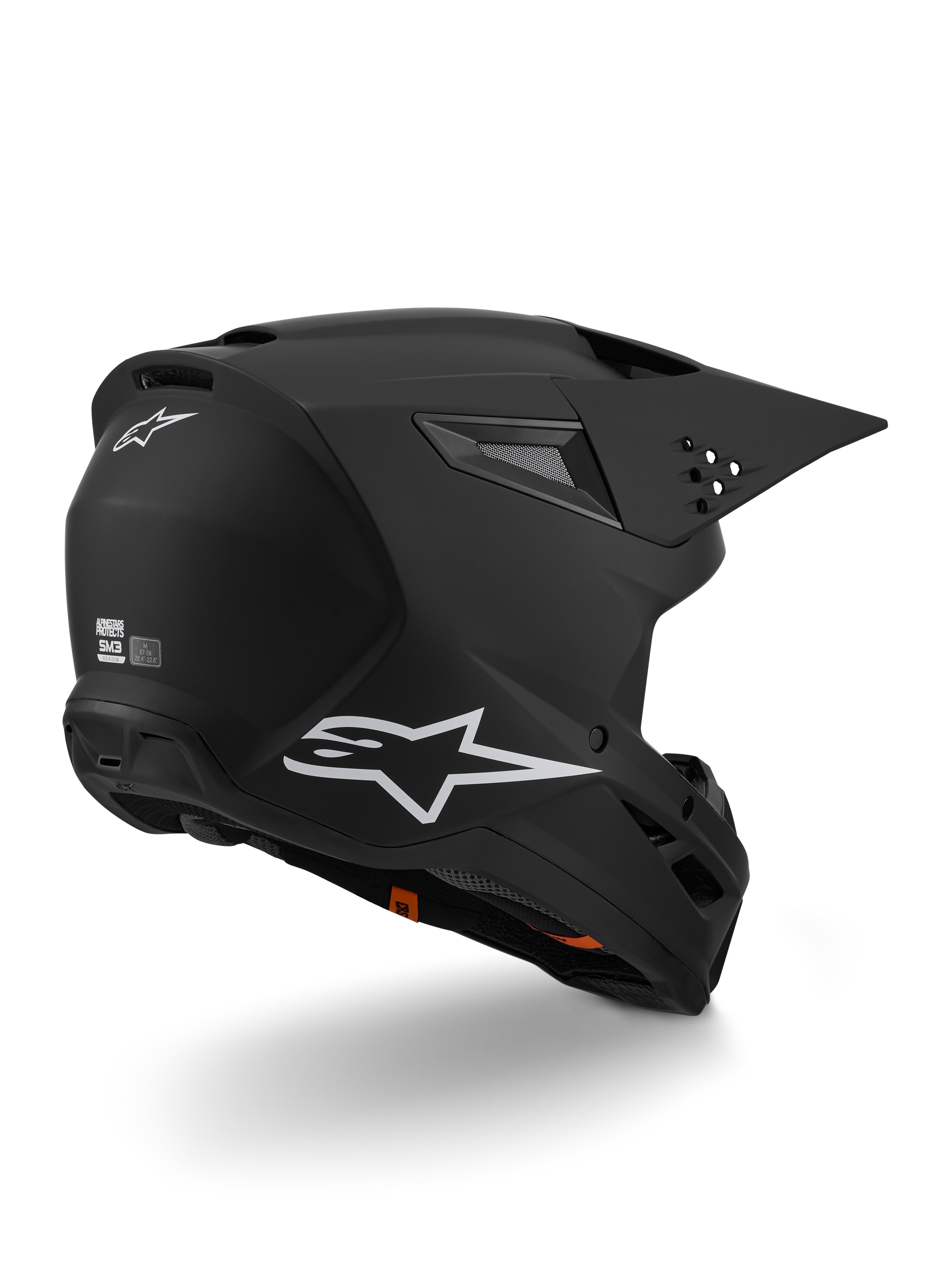 Alpinestars S-M3 Solid Helmet ECE 22.06, Motocross Helmet, Matte Black, featuring white Alpinestars logo on the side and back, aerodynamic shell with integrated ventilation ports and quick-release visor, designed for off-road racing performance