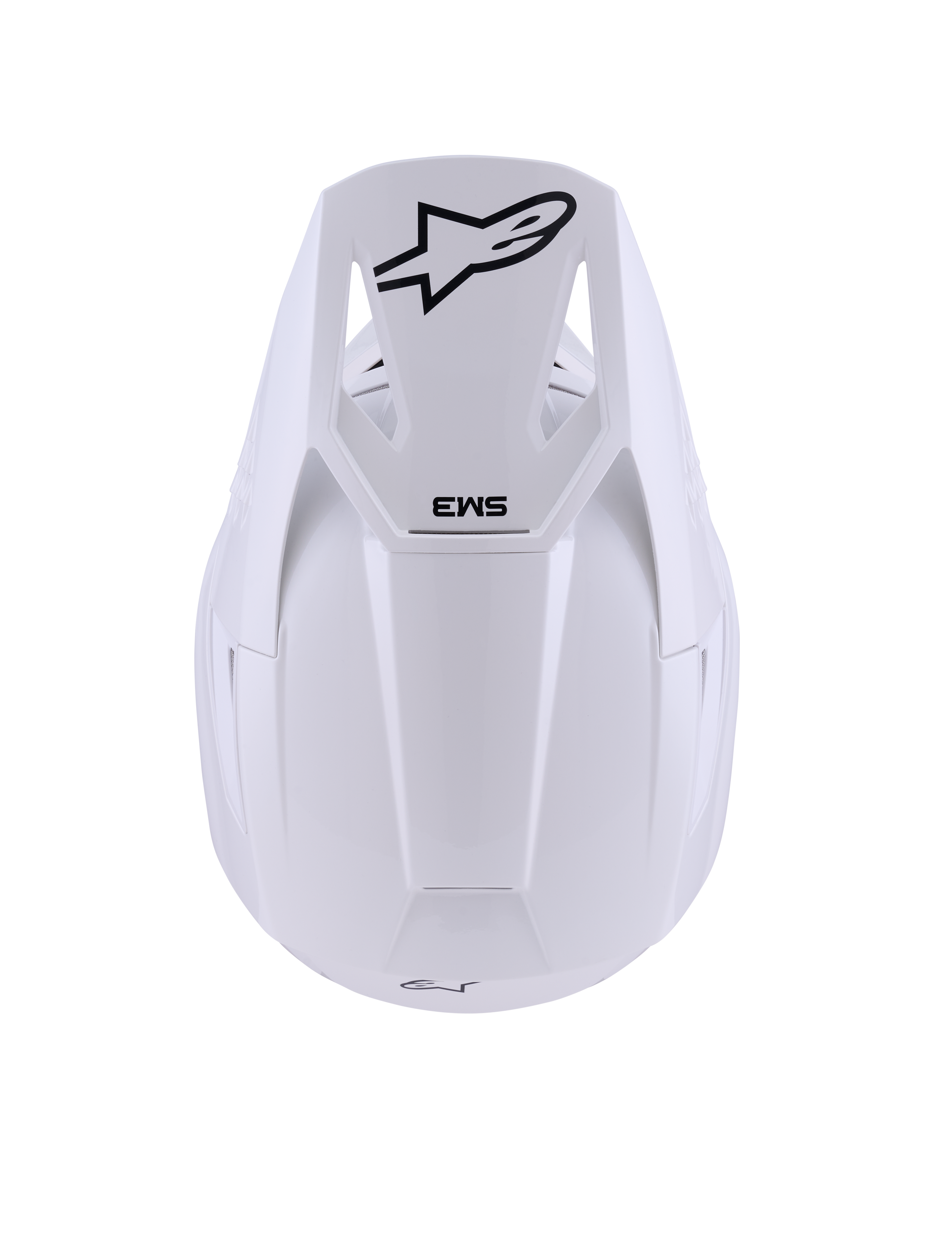 Alpinestars S-M3 Solid Helmet, White Glossy, Motocross Helmet, top-down view featuring black Alpinestars star logo and SM3 branding on the visor, sleek thermo-injected shell with a glossy finish, ECE 22.06 certified off-road protection