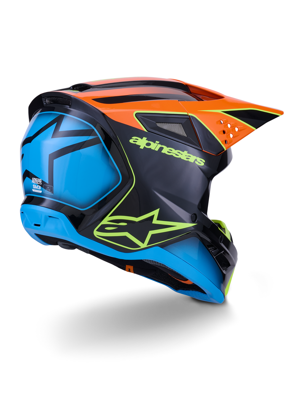 Alpinestars S-M3 Fray Helmet ECE 22.06, Motocross Helmet, Black with Orange and Blue panels, featuring neon yellow Alpinestars logo, large blue rear section with star graphic, orange visor with integrated vents, professional off-road protective gear