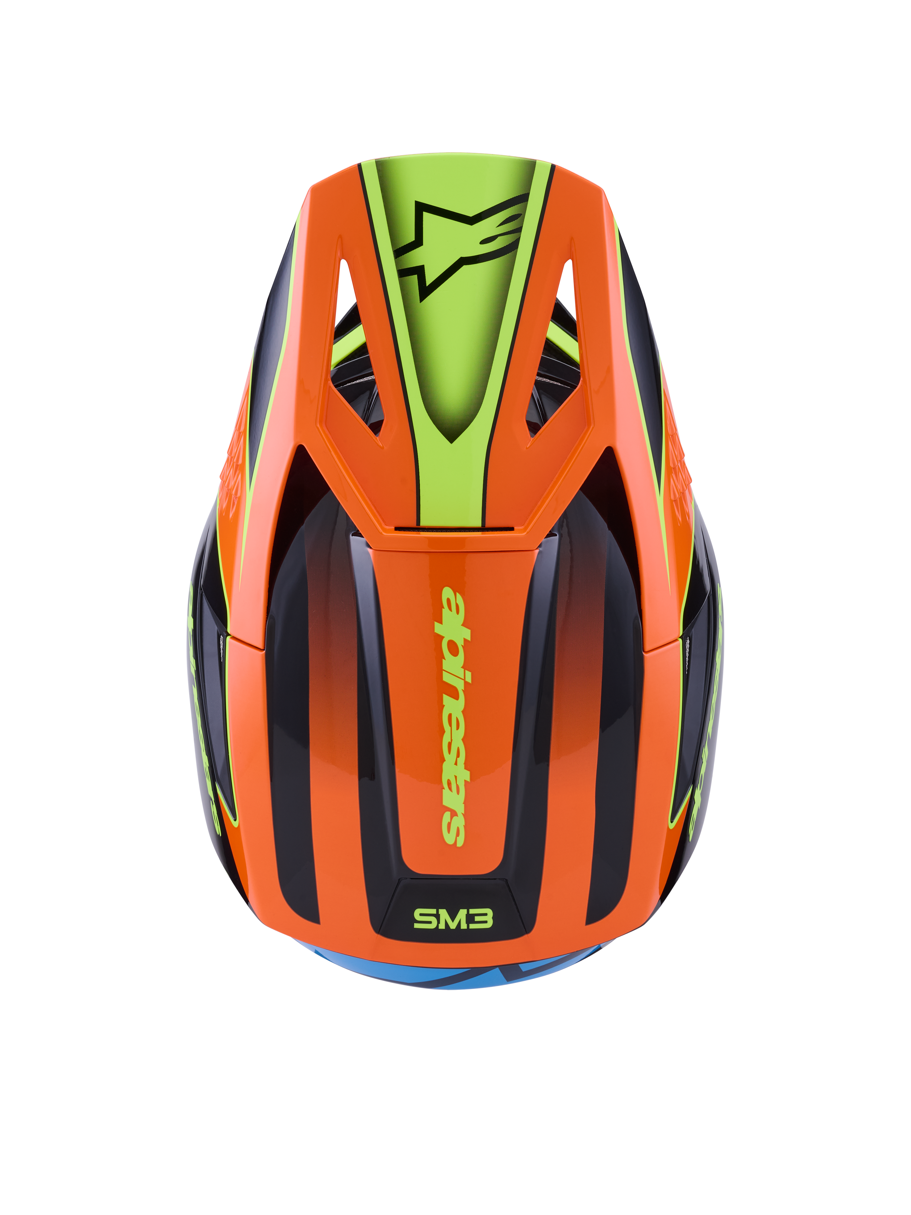 Alpinestars S-M3 Fray Helmet, Motocross Helmet, Orange and Fluorescent Yellow with Black accents, top view showing aerodynamic shell and peak with Alpinestars logo, vibrant graphic design for off-road riding