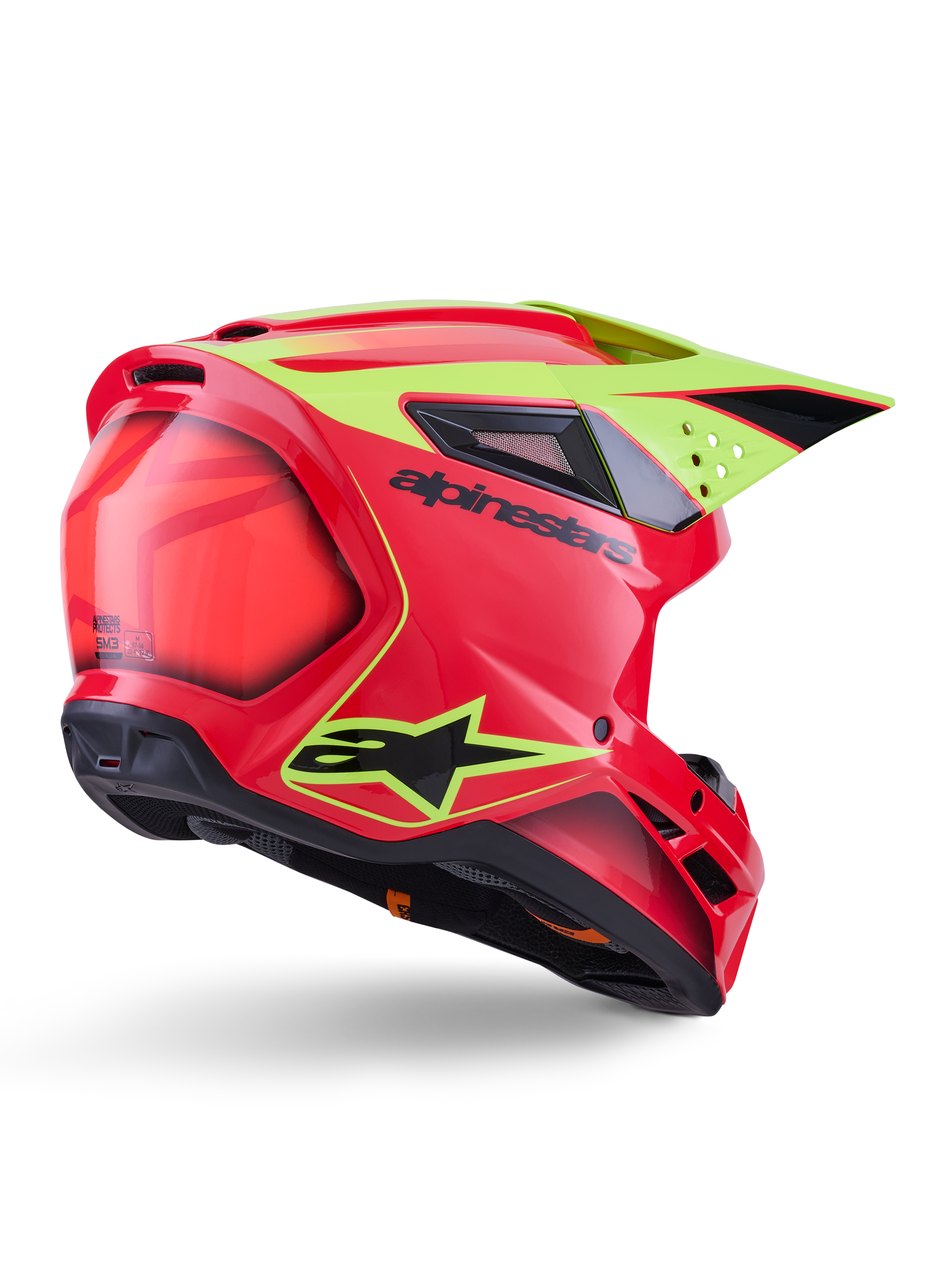 Alpinestars S-M3 Fray Helmet ECE 22.06, Motocross Helmet, Red Yellow Fluo Black Glossy, rear three-quarter view showing sleek aerodynamic shell with multiple ventilation ports, neon yellow graphics, and bold black Alpinestars logo.