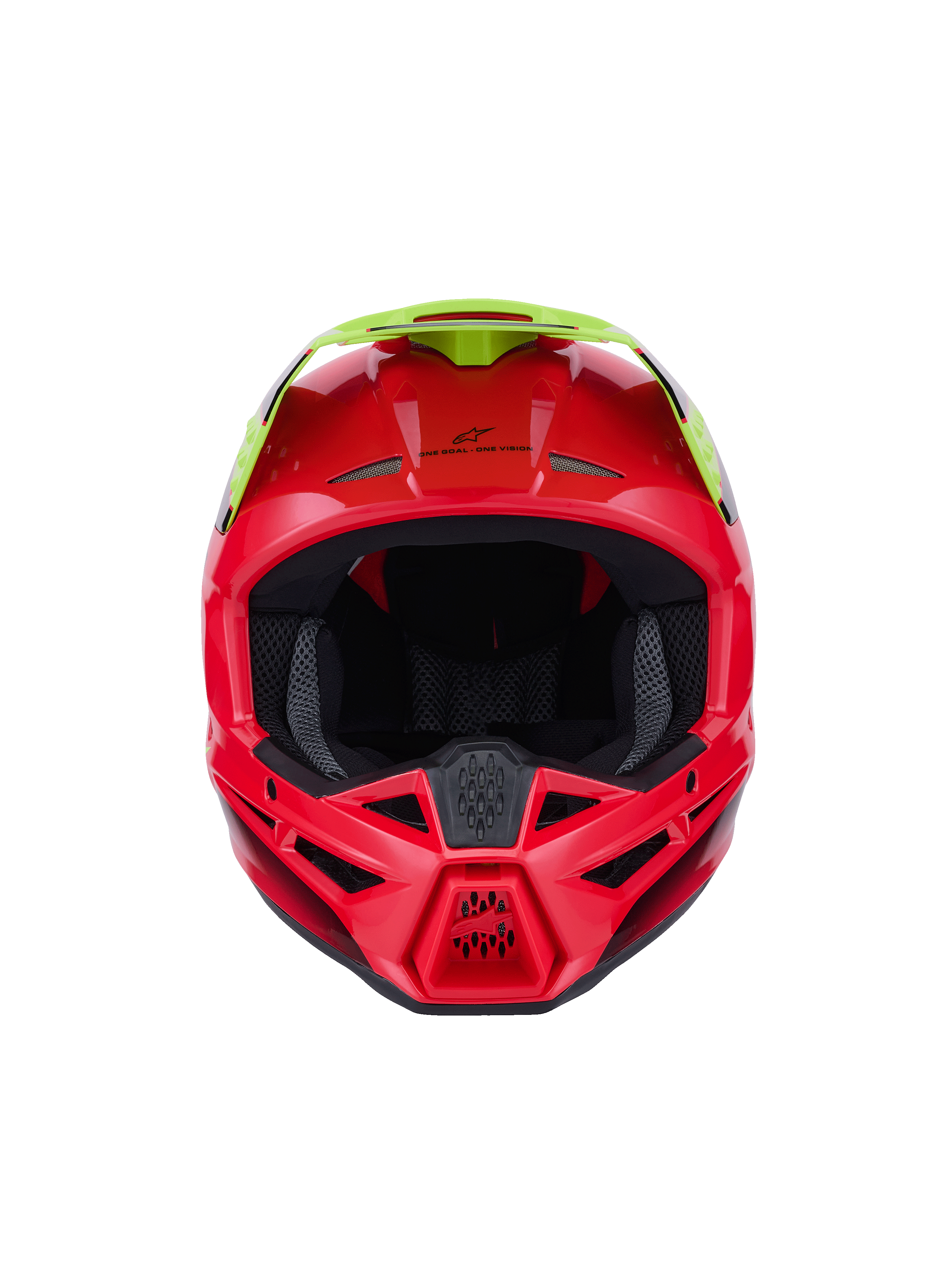 Alpinestars S-M3 Fray Helmet ECE 22.06, Motocross Helmet, Red and Yellow Fluo, front view with glossy finish, featuring multiple ventilation inlets and a prominent visor, high-performance protective gear for off-road riding
