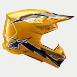 Alpinestars Supertech M10 Ampress Helmet, Motocross Helmet, Black Yellow Glossy, side profile showing aerodynamic carbon shell with bold jagged graphics, multiple ventilation ports, and sleek racing design