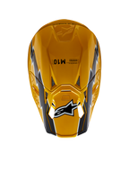 Alpinestars Supertech M10 Ampress Helmet, Motocross Helmet, Black Yellow Glossy, top-down view featuring a glossy yellow finish with black and white graphics, Alpinestars logo on the visor, and aerodynamic shell with ventilation ports.