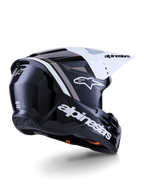 Alpinestars S-M3 Radium Helmet, Motocross Helmet, Black White and Gray Glossy, rear-side view with white visor, featuring bold Alpinestars logo on the side and back, sleek aerodynamic shell with ventilation mesh, designed for off-road motocross and enduro