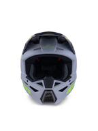 Alpinestars S-M3 Radium Helmet, Full-Face Motocross Helmet, Matte Green and Black with Fluo Yellow branding, front view highlighting chin and forehead ventilation ports with a large eye port, professional off-road protective gear.