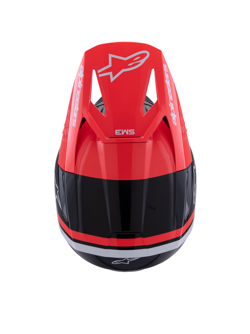 Alpinestars S-M3 Radium Helmet, Motocross Helmet, Black Red Fluo and White Glossy, top view featuring the red fluo visor with white Alpinestars branding and sleek aerodynamic design.