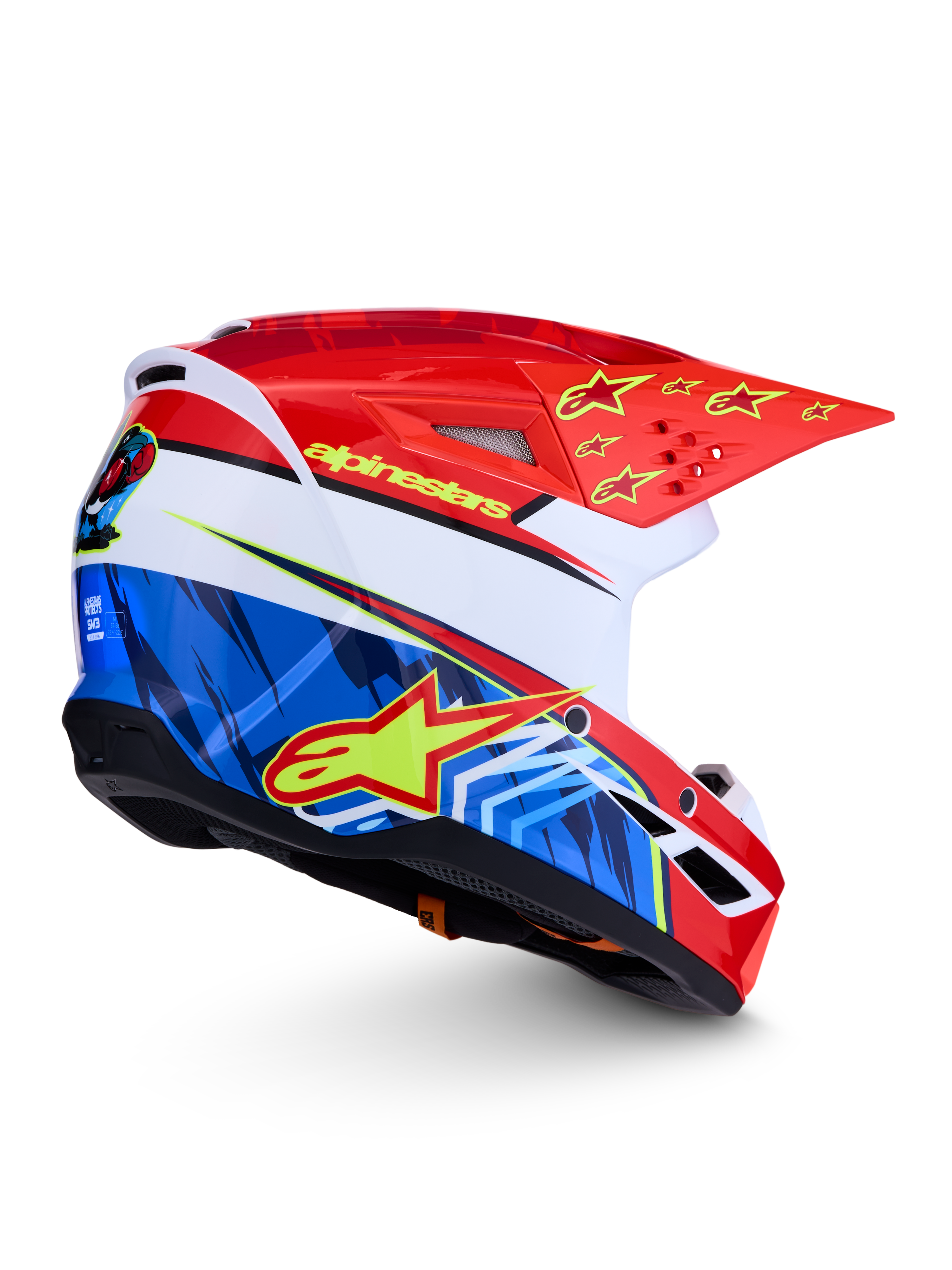 Alpinestars SM3 Falcon Helmet ECE06, red and blue motocross helmet with yellow stars and ECE 2206 certification.