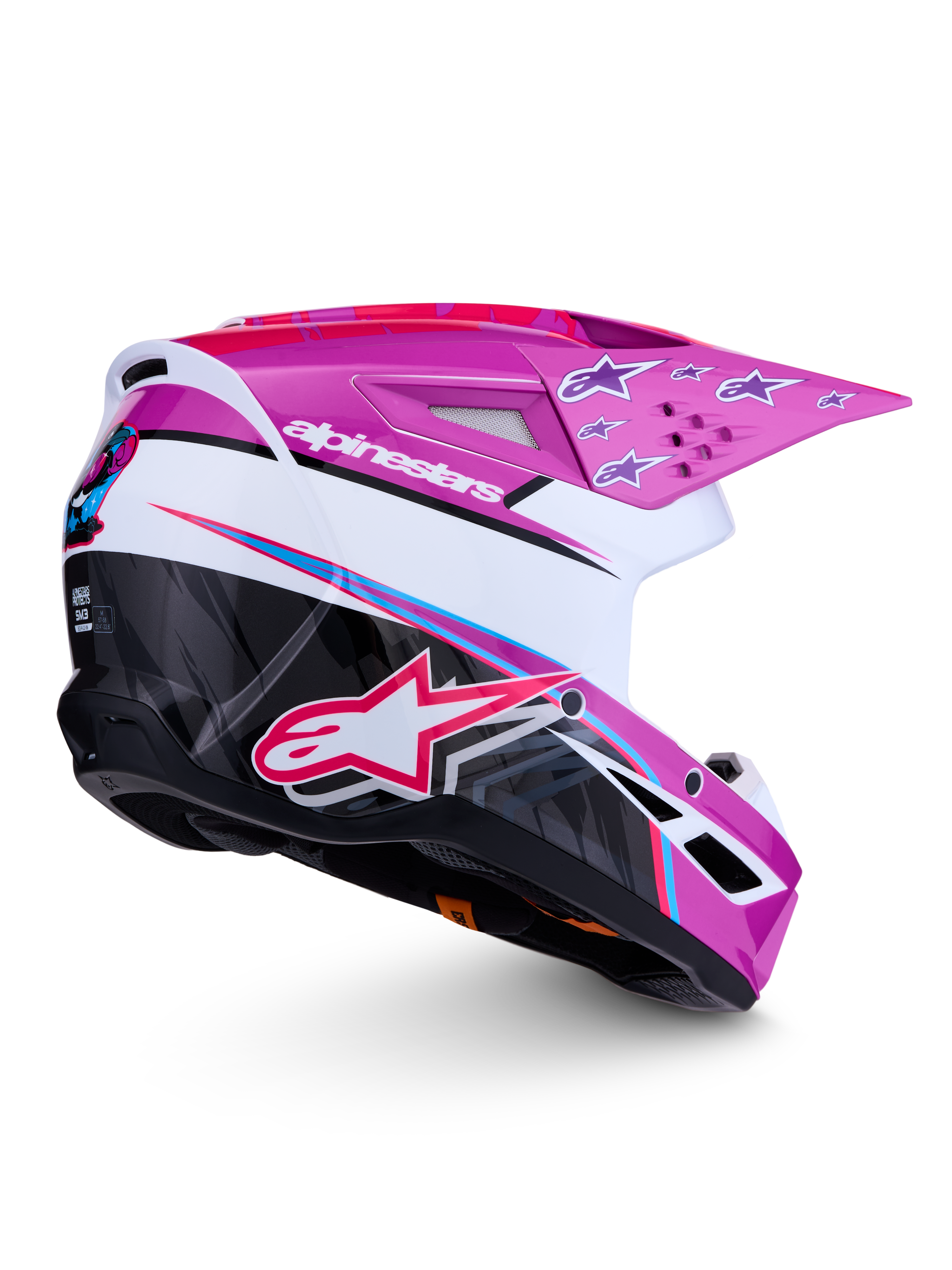Alpinestars SM3 Falcon Helmet ECE06, purple and white motocross helmet with black accents and glossy finish.