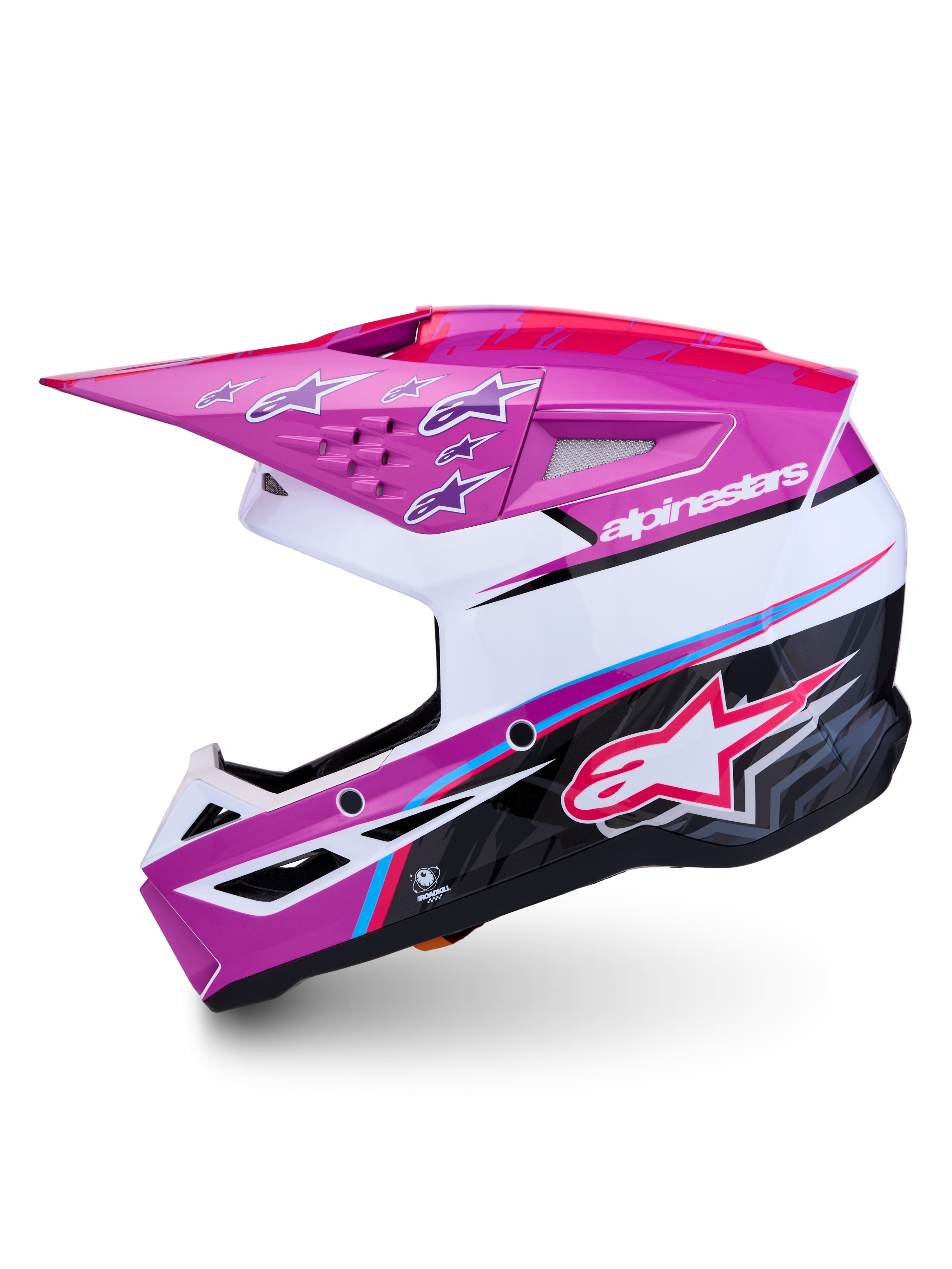 Alpinestars SM3 Falcon Helmet ECE06, purple and white glossy motocross helmet with advanced protection and ventilation.