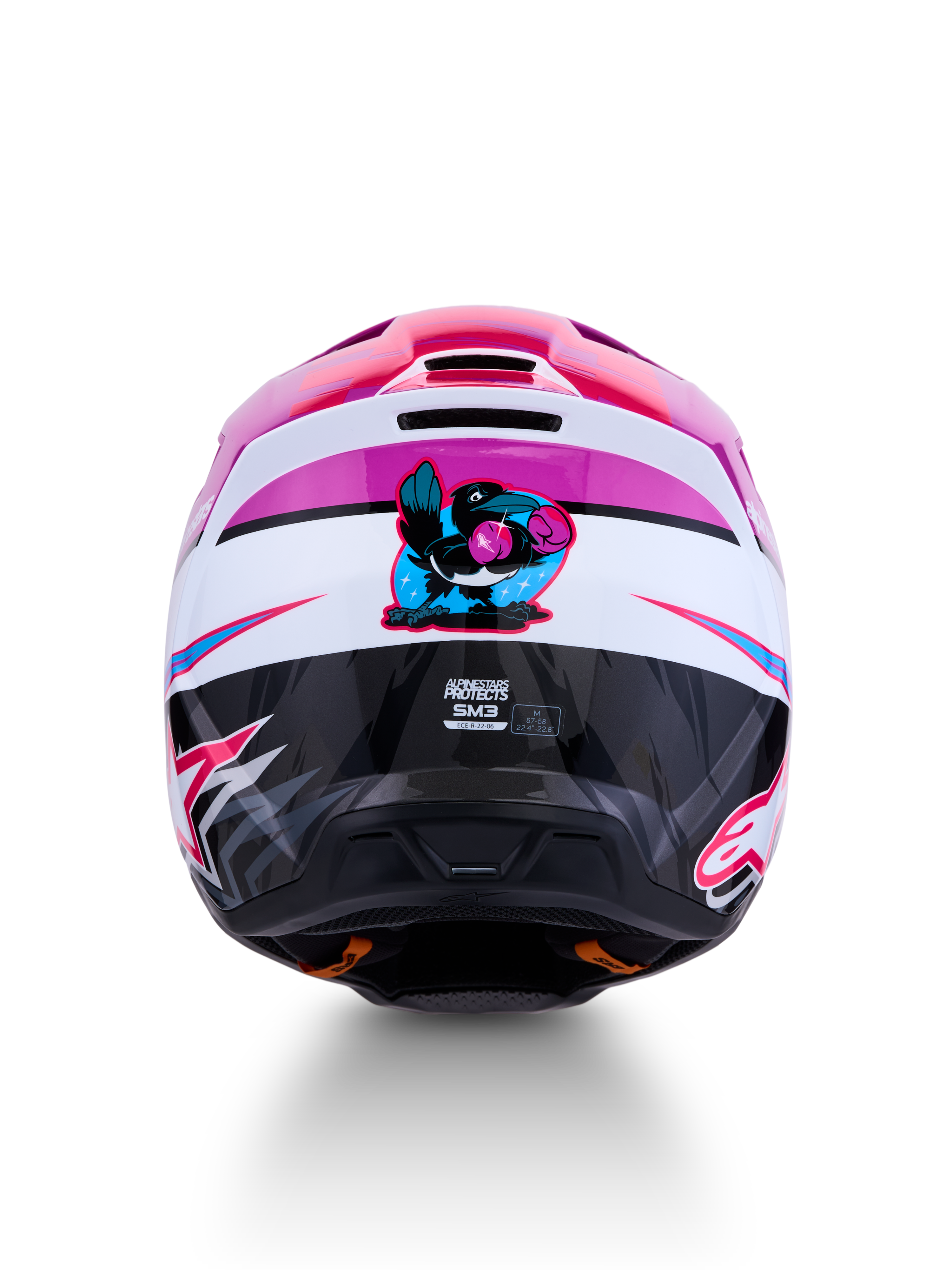 Alpinestars SM3 Falcon Helmet ECE06, purple and white motocross helmet with a boxing crow graphic on the rear.