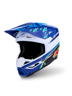 Alpinestars SM3 Falcon Helmet ECE06, blue and white motocross helmet with yellow star graphics, ECE 22.06 certified.