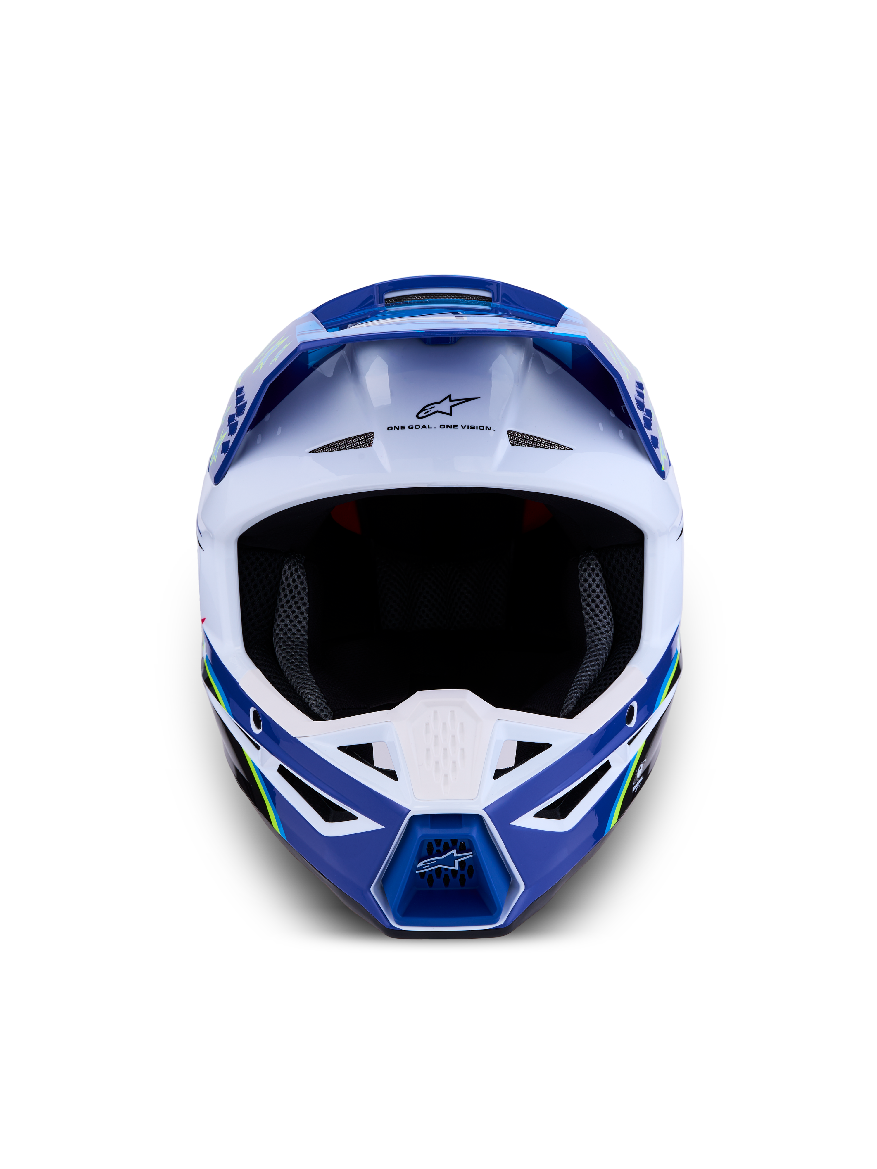 Alpinestars SM3 Falcon Helmet ECE06, Blue and White Motocross Helmet, ECE 2206 certified off-road protection.