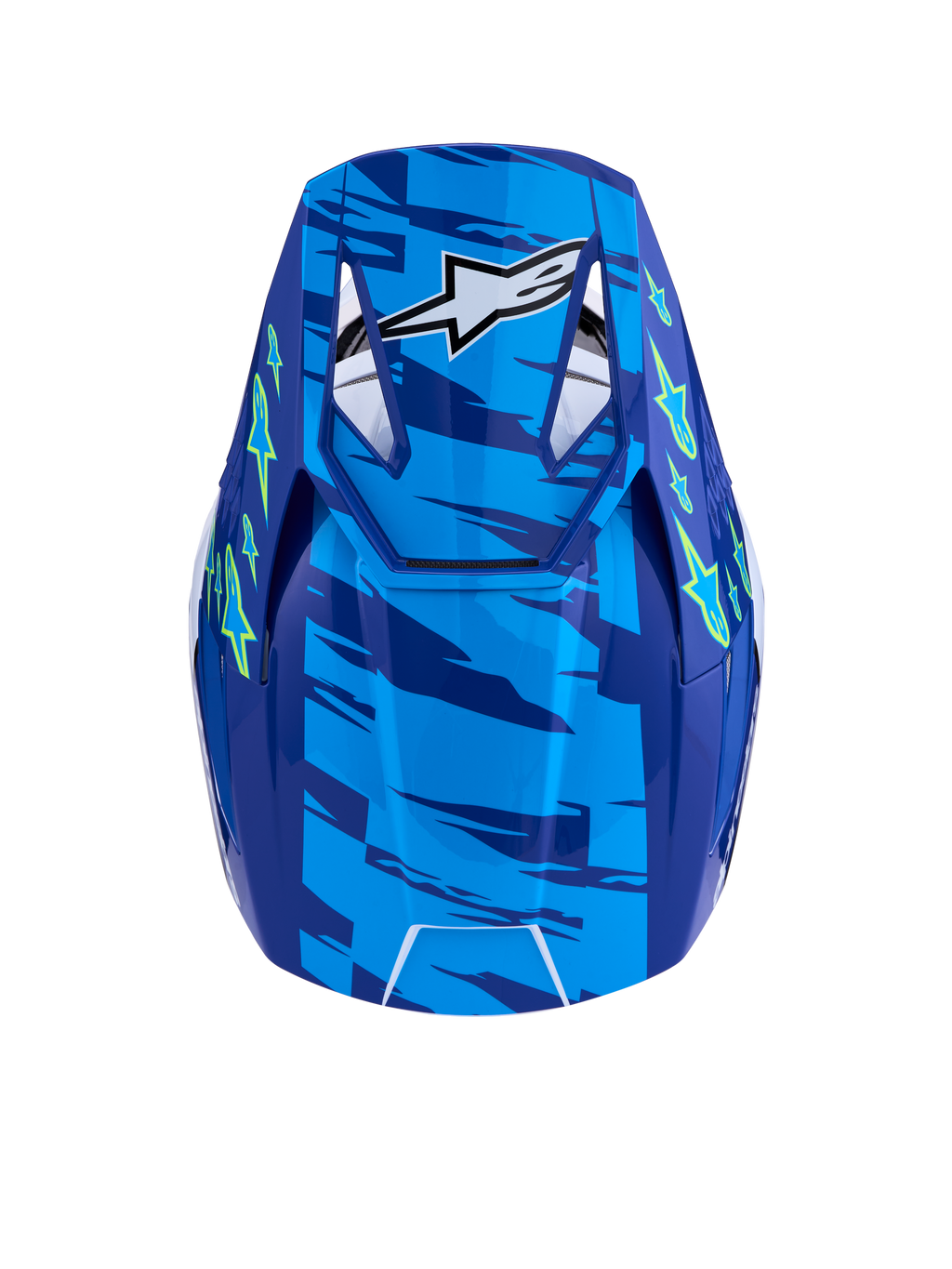 Alpinestars SM3 Falcon Helmet ECE06, Blue and Yellow Fluo Motocross Helmet, ECE 2206 certified top view with ventilated visor.