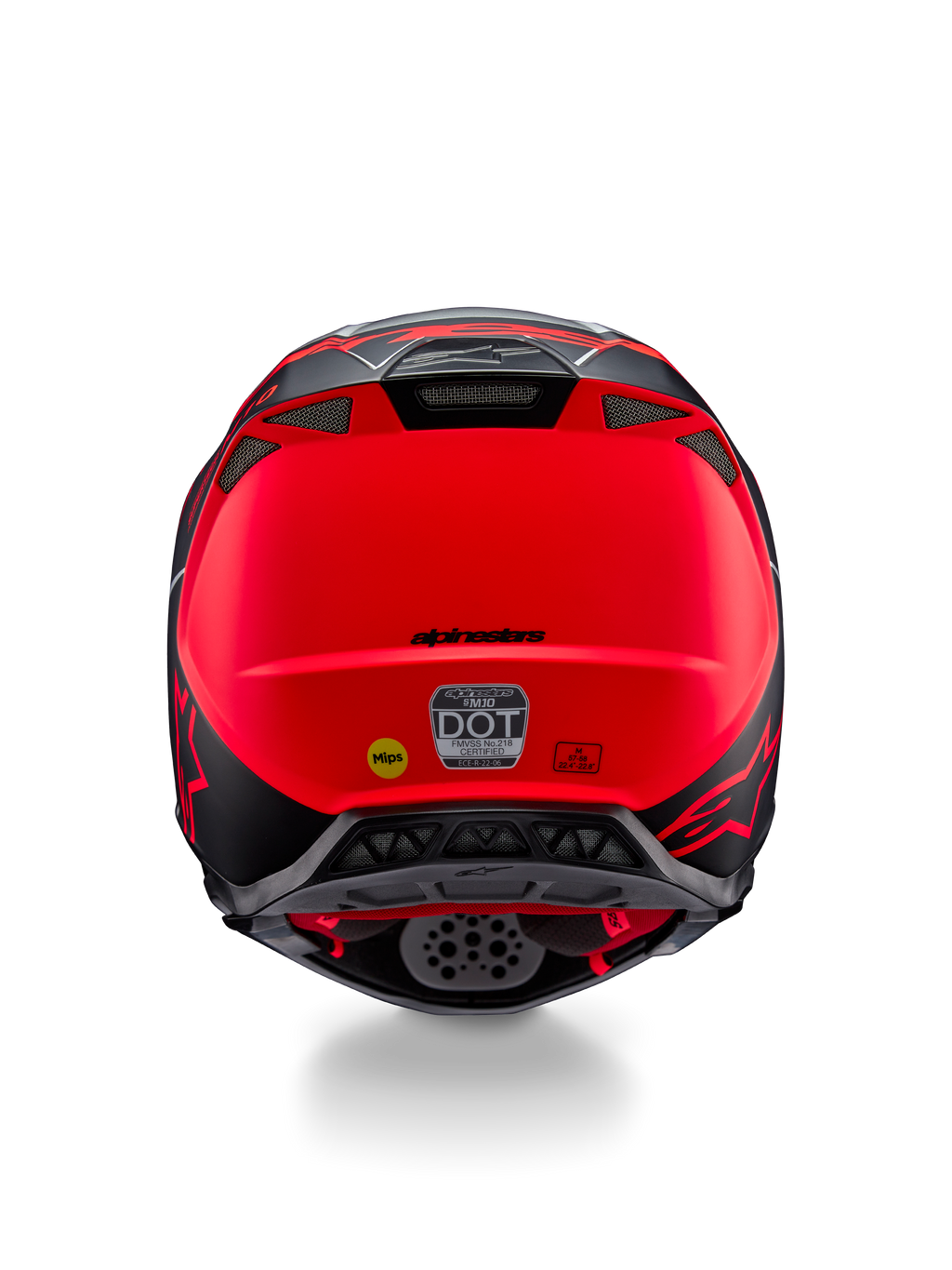 Alpinestars Supertech M10 Flood Helmet, Rear View, Silver Black and Fluorescent Orange Matte, featuring integrated exhaust vents, DOT and ECE certification stickers, yellow Mips logo, and sleek aerodynamic profile for motocross racing