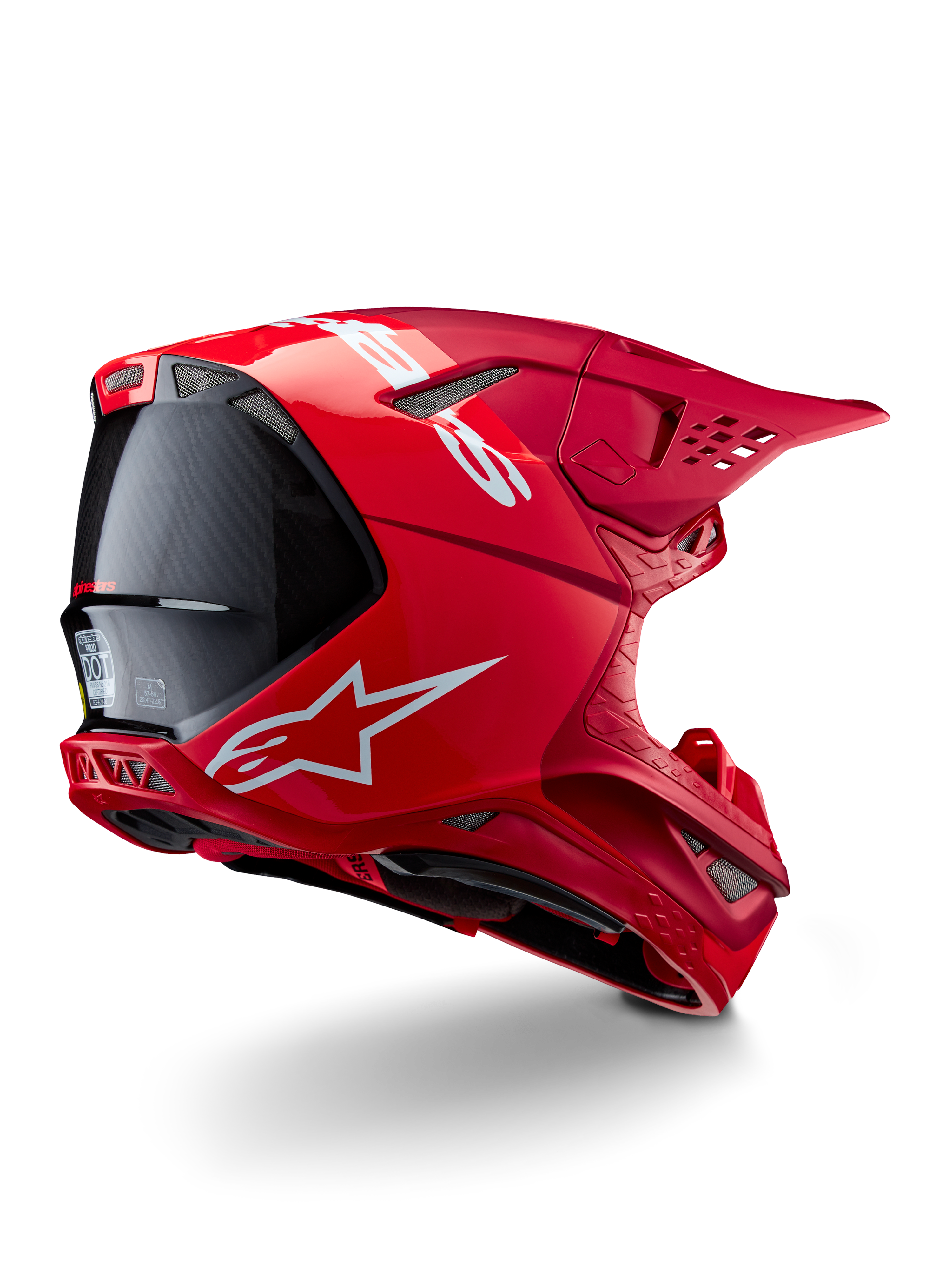 Alpinestars Supertech M10 Flood Helmet, Motocross Helmet, Red and Fluo Red, Matte and Glossy finish, rear profile view featuring white Alpinestars logo and carbon fiber accents, aerodynamic design with multiple ventilation ports, high-performance off-road head protection