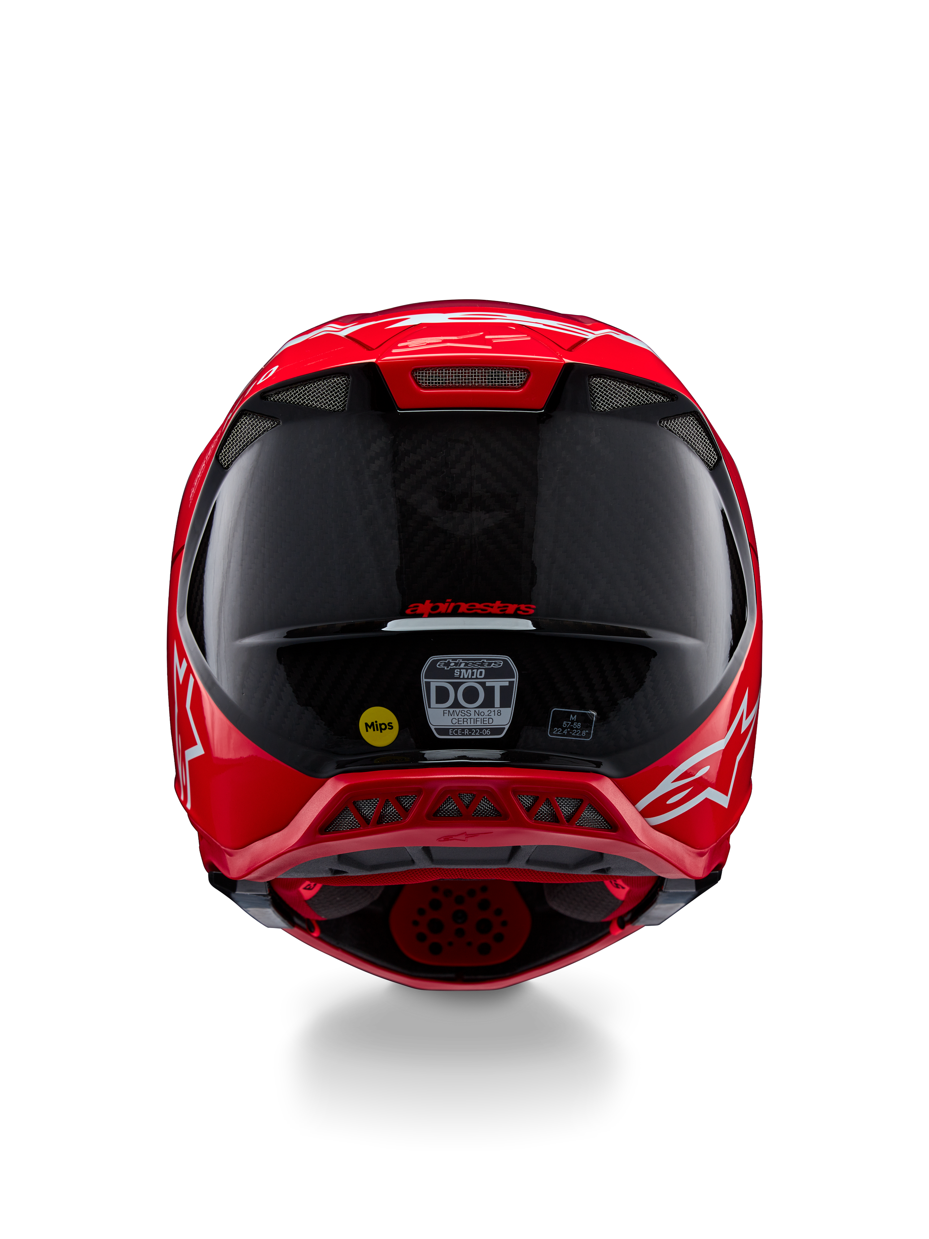 Alpinestars Supertech M10 Flood ECE 22.06 Helmet, Rear View, Red Fluo Red Matte and Glossy, Motocross Helmet with visible carbon fiber texture, MIPS and DOT certification stickers, and aerodynamic ventilation ports.
