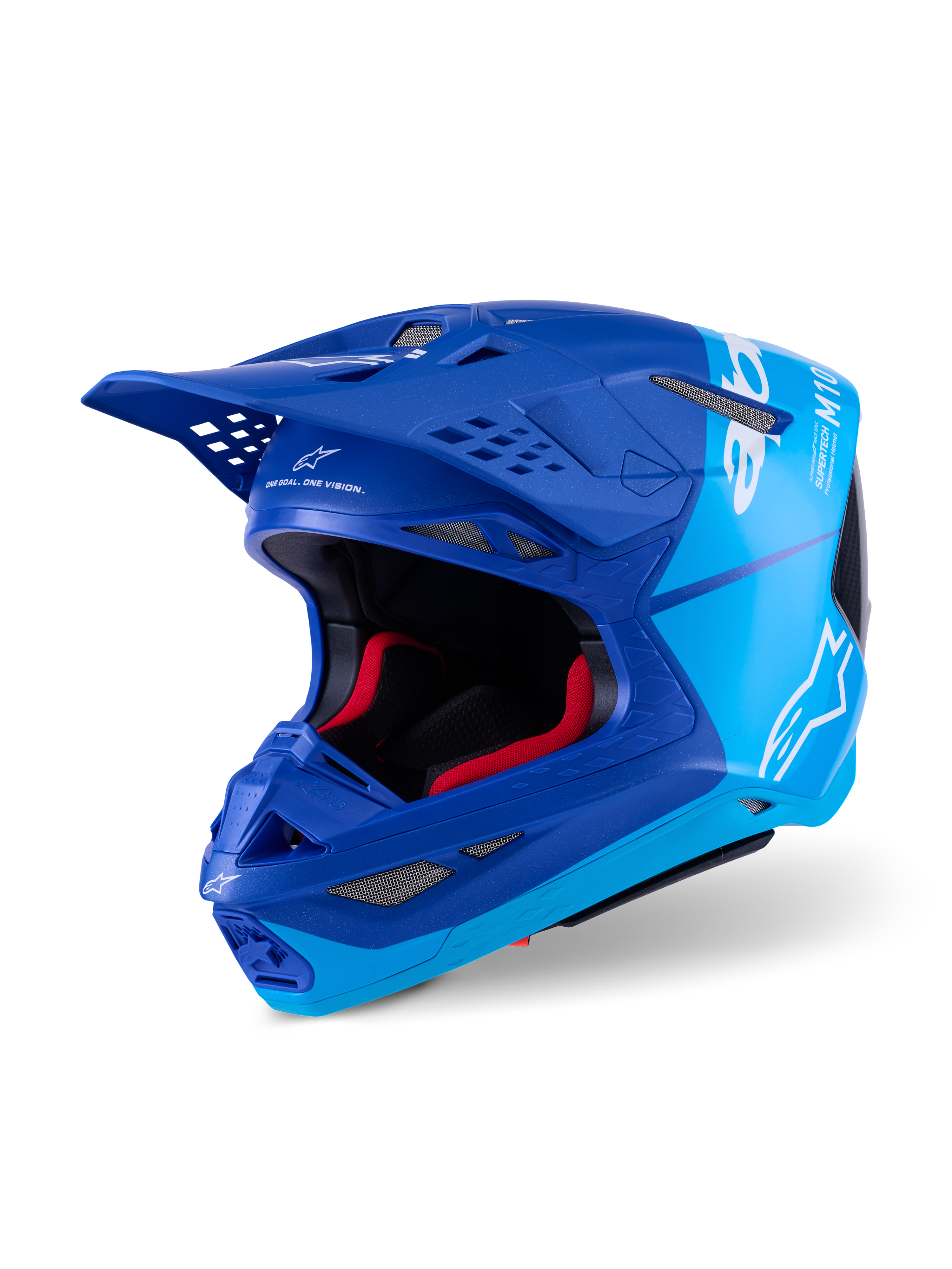Alpinestars Supertech M10 Flood Helmet, Motocross Helmet, Metallic Blue and Medium Blue with Black Carbon Fiber accents, featuring white logos and M10 branding, multiple ventilation ports and red interior padding, designed for professional off-road performance.