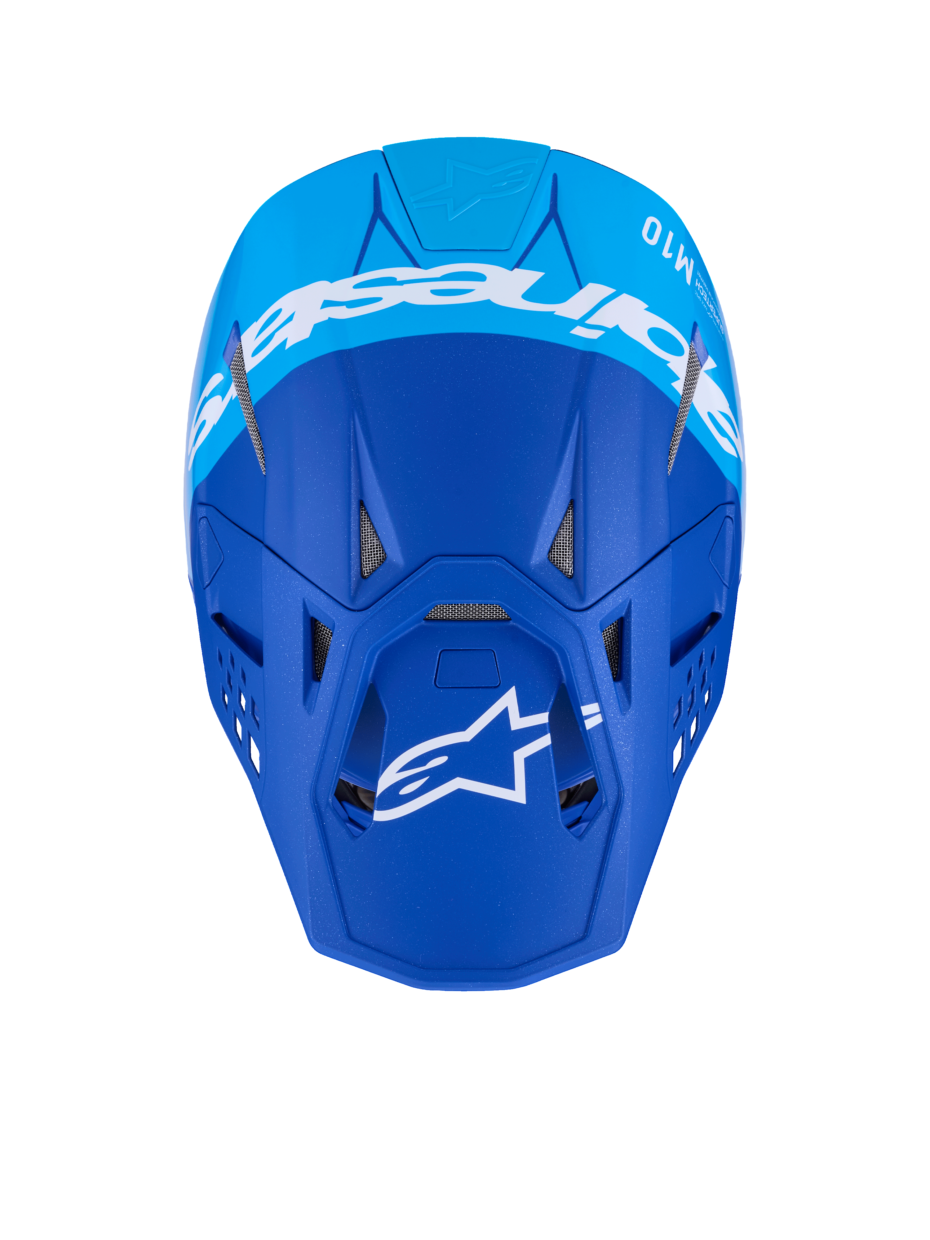 Alpinestars Supertech M10 Flood Helmet, Motocross Helmet, Dark Blue and Light Blue, top-down view featuring white Alpinestars branding and ventilation ports, matte finish professional off-road racing helmet