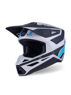 Alpinestars S-M3 Heat Helmet, Motocross Helmet, Silver Blue and Black Matte, featuring an aerodynamic visor, multiple ventilation ports, and bold graphic accents, off-road motorcycle protective gear