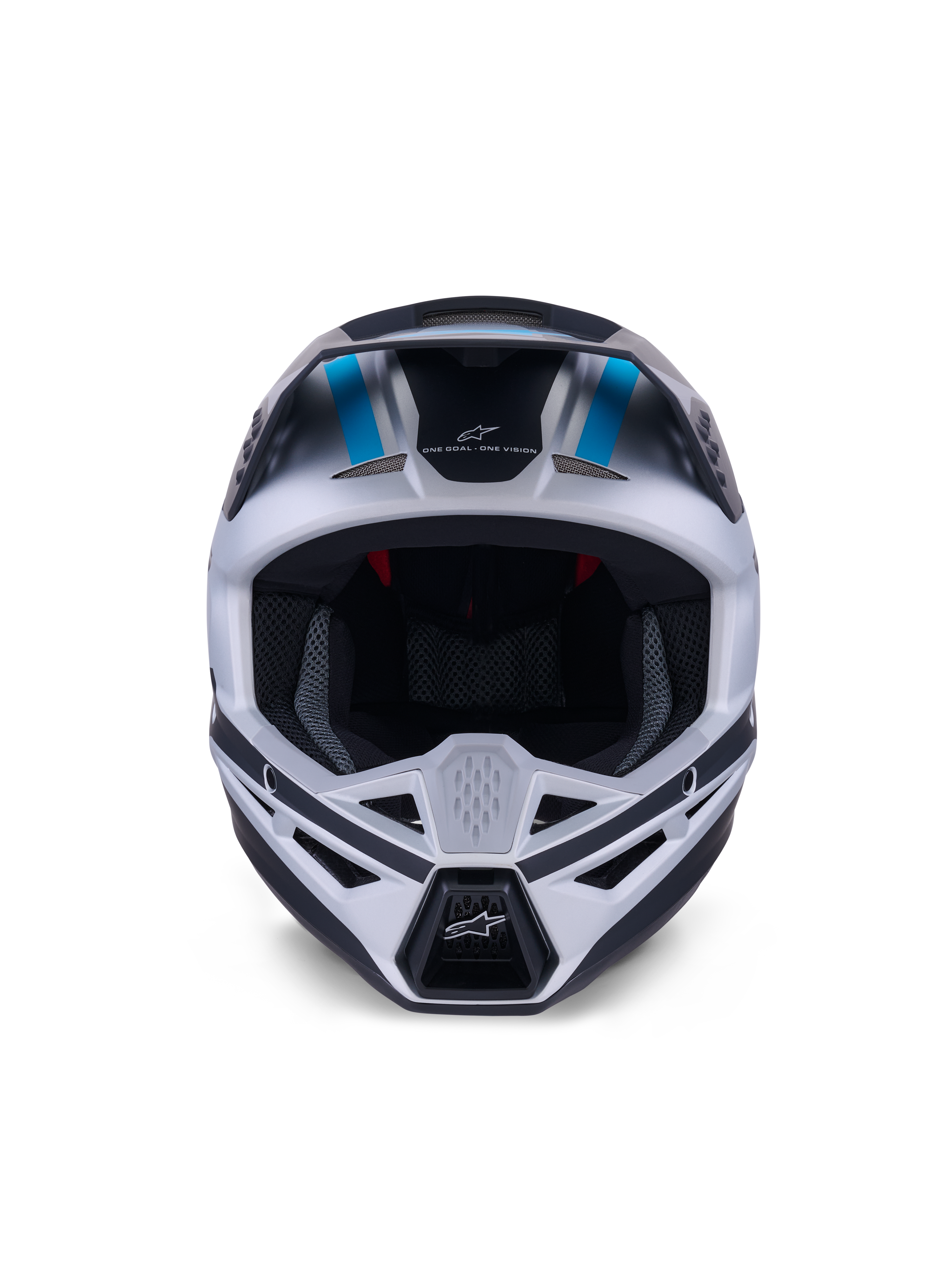 Alpinestars S-M3 Heat Helmet, Motocross Helmet, Silver Blue and Black Matt, front-facing view highlighting the ventilation system, large eye port, and interior mesh padding, featuring the brand slogan 'ONE GOAL ONE VISION' on the forehead.