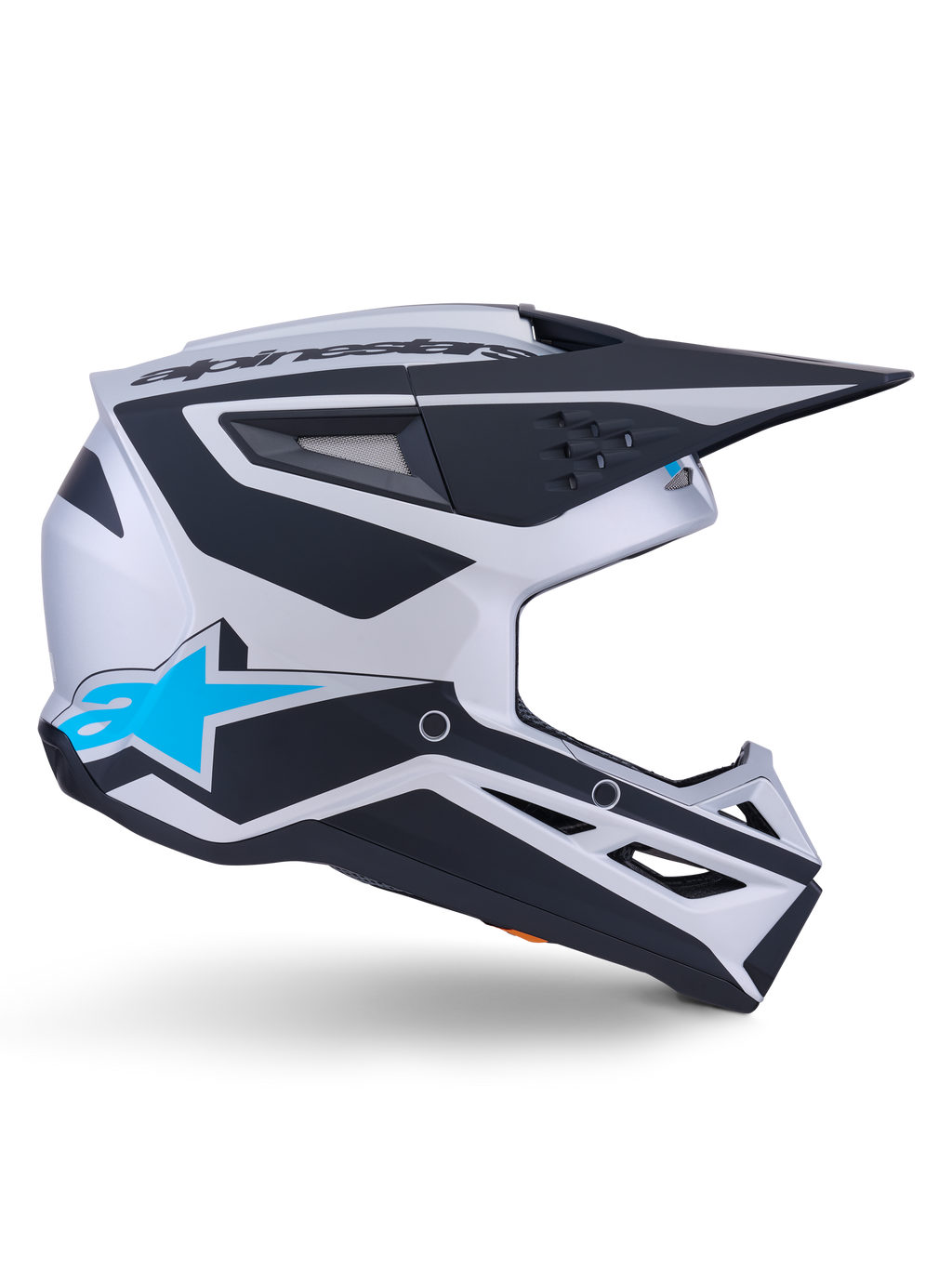 Alpinestars S-M3 Heat Helmet ECE 22.06, Motocross Helmet, Silver Blue and Black Matt, side profile view featuring bold black graphics, bright blue A-star logo, black aerodynamic visor, and multiple ventilation ports for off-road performance