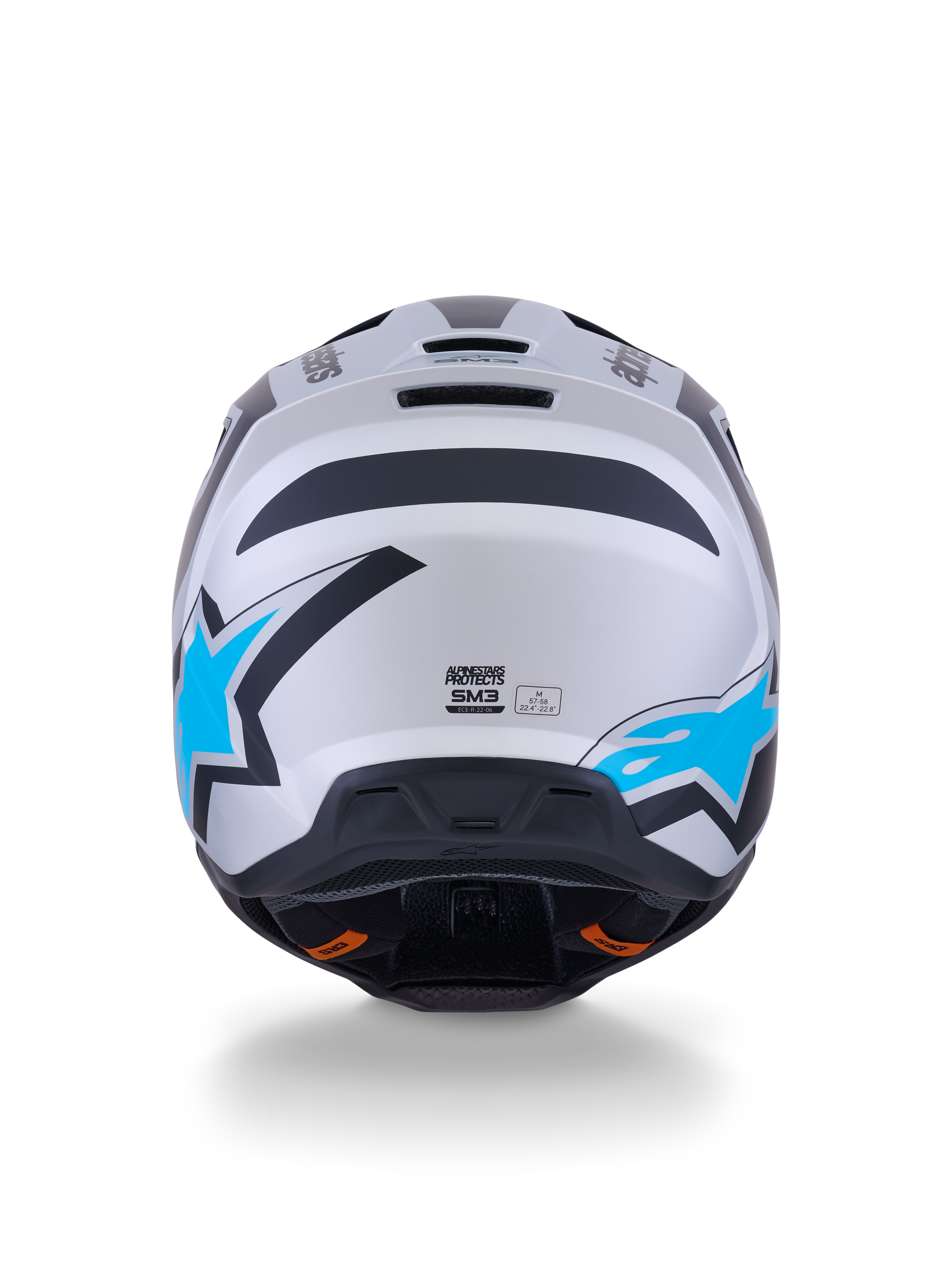 Alpinestars S-M3 Heat Helmet, Motocross Helmet, Silver Blue and Black Matt, rear view showing bright blue star logos, matte finish, and integrated ventilation ports.