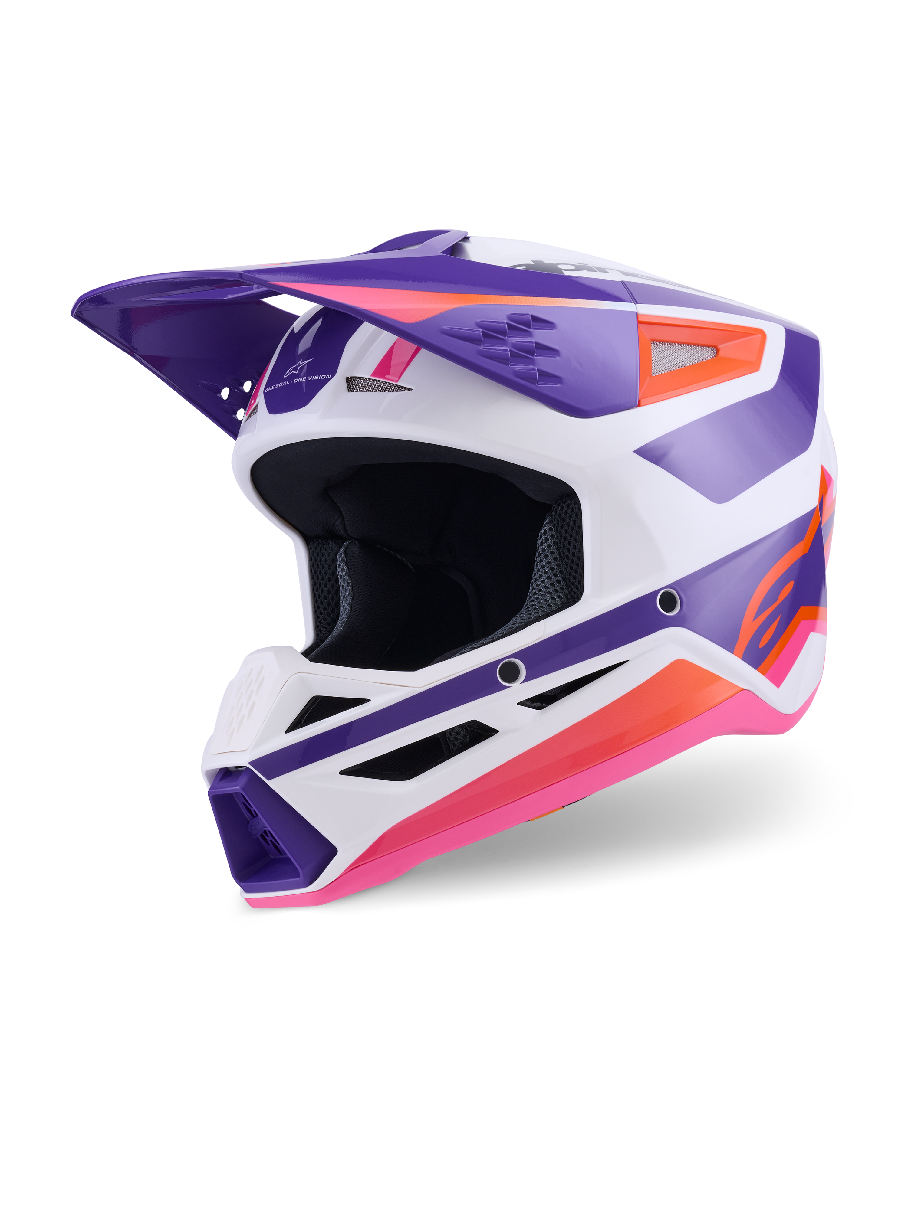 Alpinestars S-M3 Heat Helmet ECE 22.06, Motocross Helmet, White Purple and Pink Glossy, three-quarter front view featuring bold geometric graphics, ventilated chin bar, and aerodynamic peak, off-road racing protection
