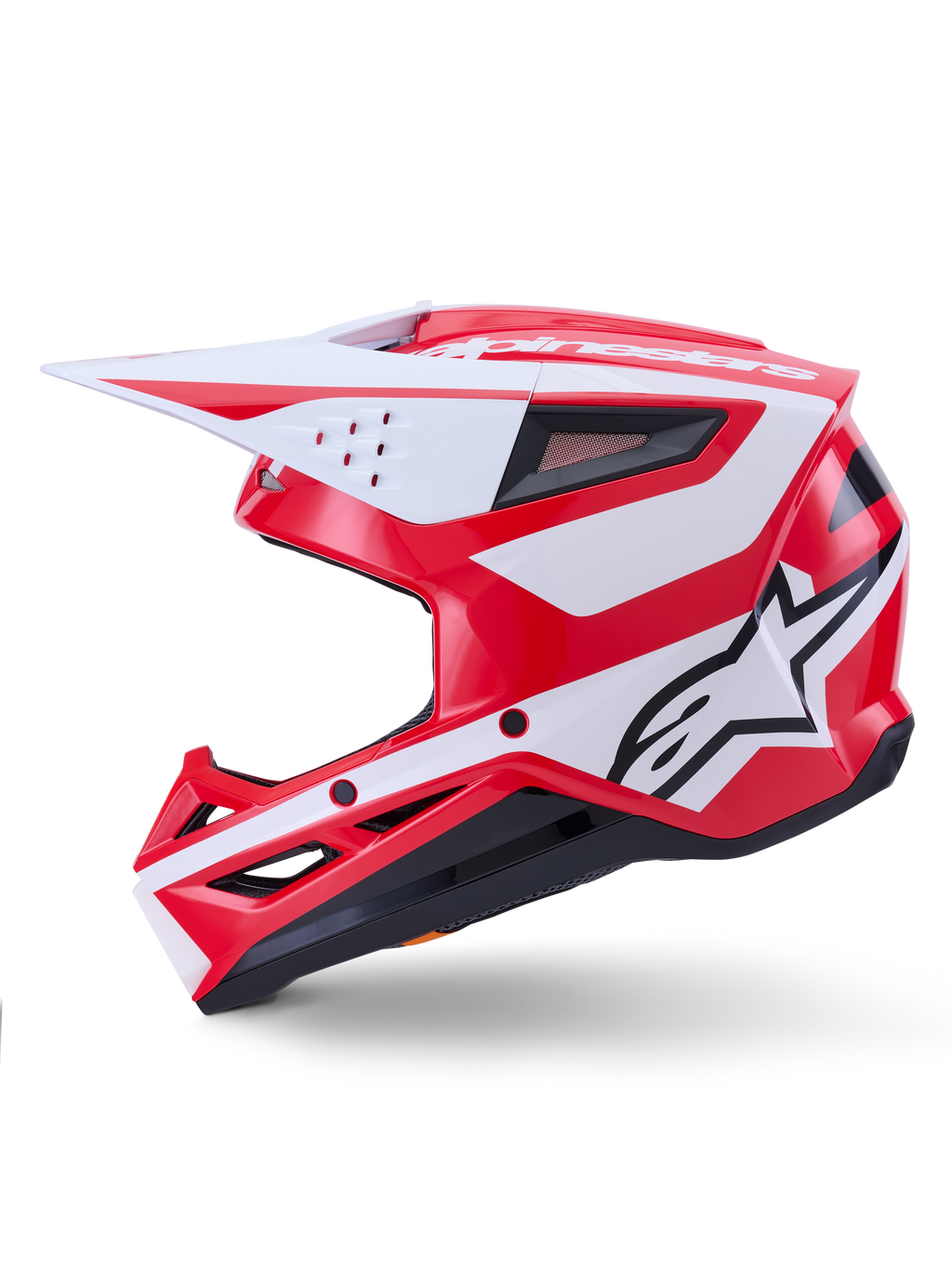 Alpinestars S-M3 Heat Helmet, red and white glossy motocross helmet, ECE certified, side profile view.