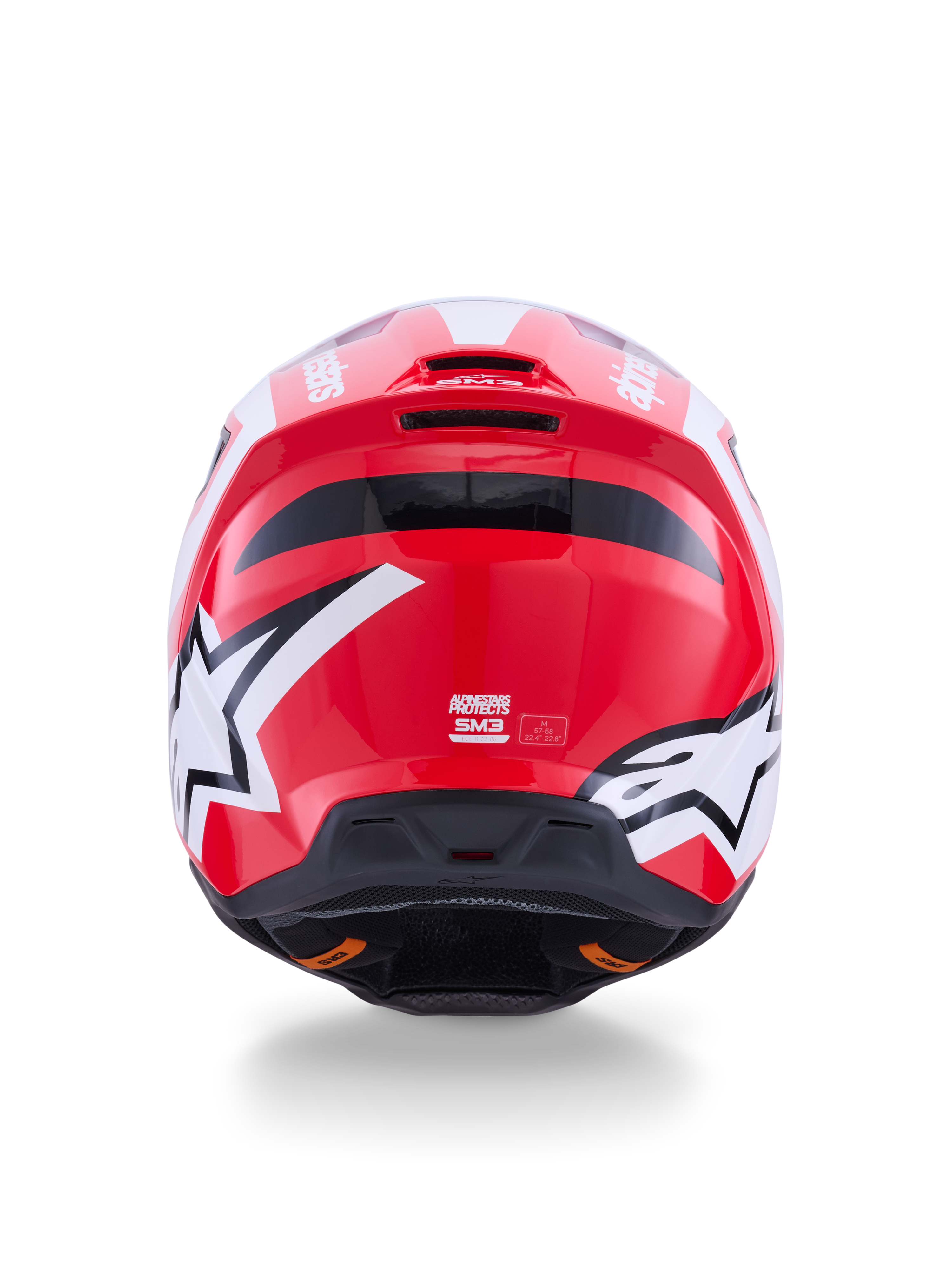 Alpinestars S-M3 Heat Motocross Helmet, Glossy Red and White, rear view with star logos and integrated exhaust ports.