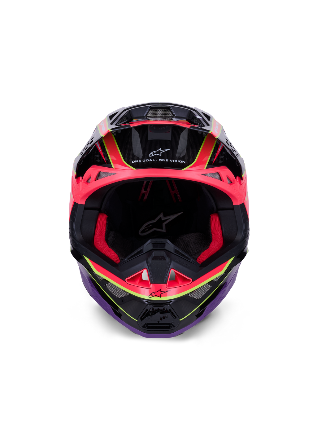 Alpinestars Supertech M10 Era Helmet, Motocross Helmet, Pink Violet and Yellow Fluo Glossy, front view showing red interior padding and carbon fiber shell details, featuring 'One Goal. One Vision.' text, professional off-road racing protection