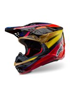 Alpinestars Supertech M10 Era Helmet, Motocross Helmet, Gold Yellow Rio Red Glossy, sleek aerodynamic carbon fiber shell with vibrant red and gold graphics, featuring multiple intake and exhaust ports, white Alpinestars logo, and glossy finish