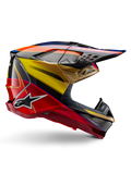 Alpinestars Supertech M10 Era Helmet, Motocross Racing Helmet, Gold Yellow and Rio Red Glossy with Blue and Black accents, aerodynamic design with integrated visor, multiple mesh-covered ventilation ports, and carbon fiber details, ECE 22.06 certified