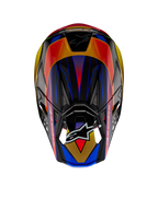 Alpinestars Supertech M10 Era ECE Helmet, Motocross Helmet, Gold Yellow Rio Red Glossy, top-down view showing vibrant geometric patterns in blue and yellow, glossy finish with carbon shell texture visible, featuring the Alpinestars logo on the visor