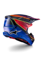 Alpinestars Supertech M10 Era Helmet, Motocross Helmet, Blue Red and Yellow Fluo Glossy, rear-side profile view featuring carbon fiber weave details, bold Alpinestars branding, integrated ventilation ports, and high-gloss finish for off-road performance.