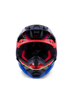Alpinestars Supertech M10 Era Helmet, Motocross Helmet, Blue Red and Yellow Fluo Glossy, front view showing red interior padding and aggressive ventilation ports, glossy 3K carbon shell with aerodynamic design for off-road racing