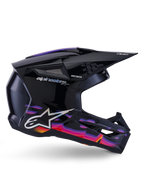 Alpinestars S-M3 Force OCD Helmet, Motocross Helmet, Black Glossy with vibrant purple, pink, and orange graphic patterns, side profile view, featuring silver Alpinestars logo and SM3 branding, designed for off-road performance