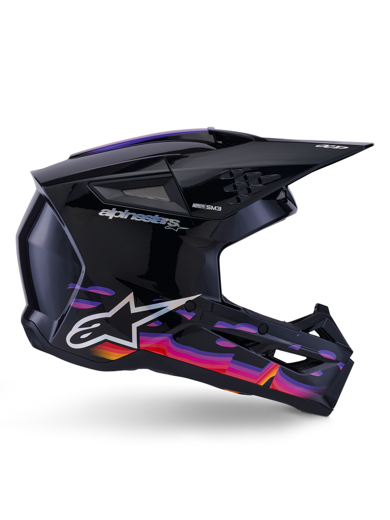 Alpinestars S-M3 Force OCD Helmet, Motocross Helmet, Black Glossy with vibrant purple, pink, and orange graphic patterns, side profile view, featuring silver Alpinestars logo and SM3 branding, designed for off-road performance