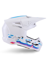 Alpinestars S-M3 Force OCD Helmet, White Glossy, motocross helmet featuring vibrant blue, purple, and orange wave graphics, side profile with aerodynamic visor and multiple ventilation ports.