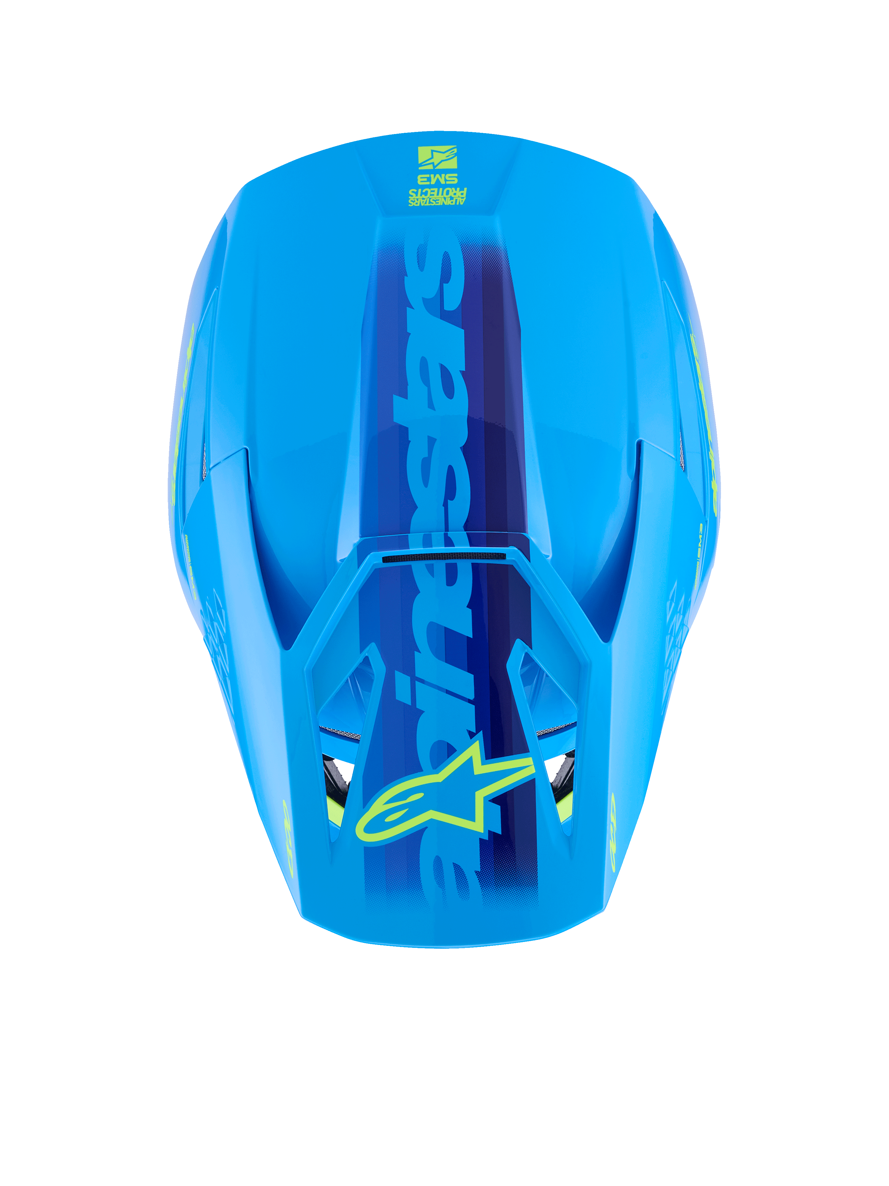 Alpinestars S-M3 Force OCD Helmet, Cyan Glossy, top view showing the aerodynamic shell, large blue Alpinestars branding with yellow star logo on the visor, sleek glossy finish for motocross racing.