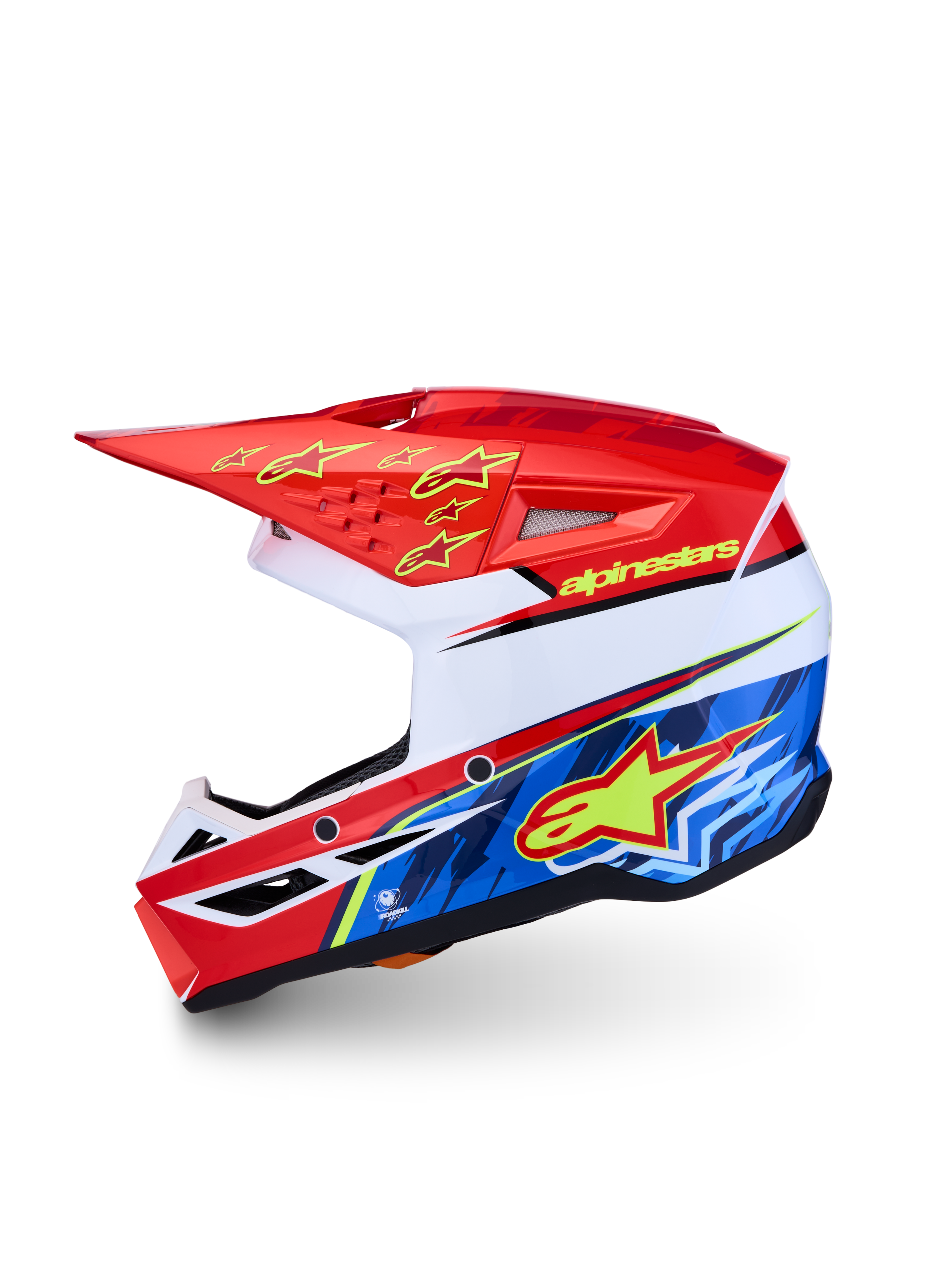 Alpinestars SM3 Falcon Youth Helmet ECE06, red and blue youth motocross helmet with a lightweight thermoplastic shell.